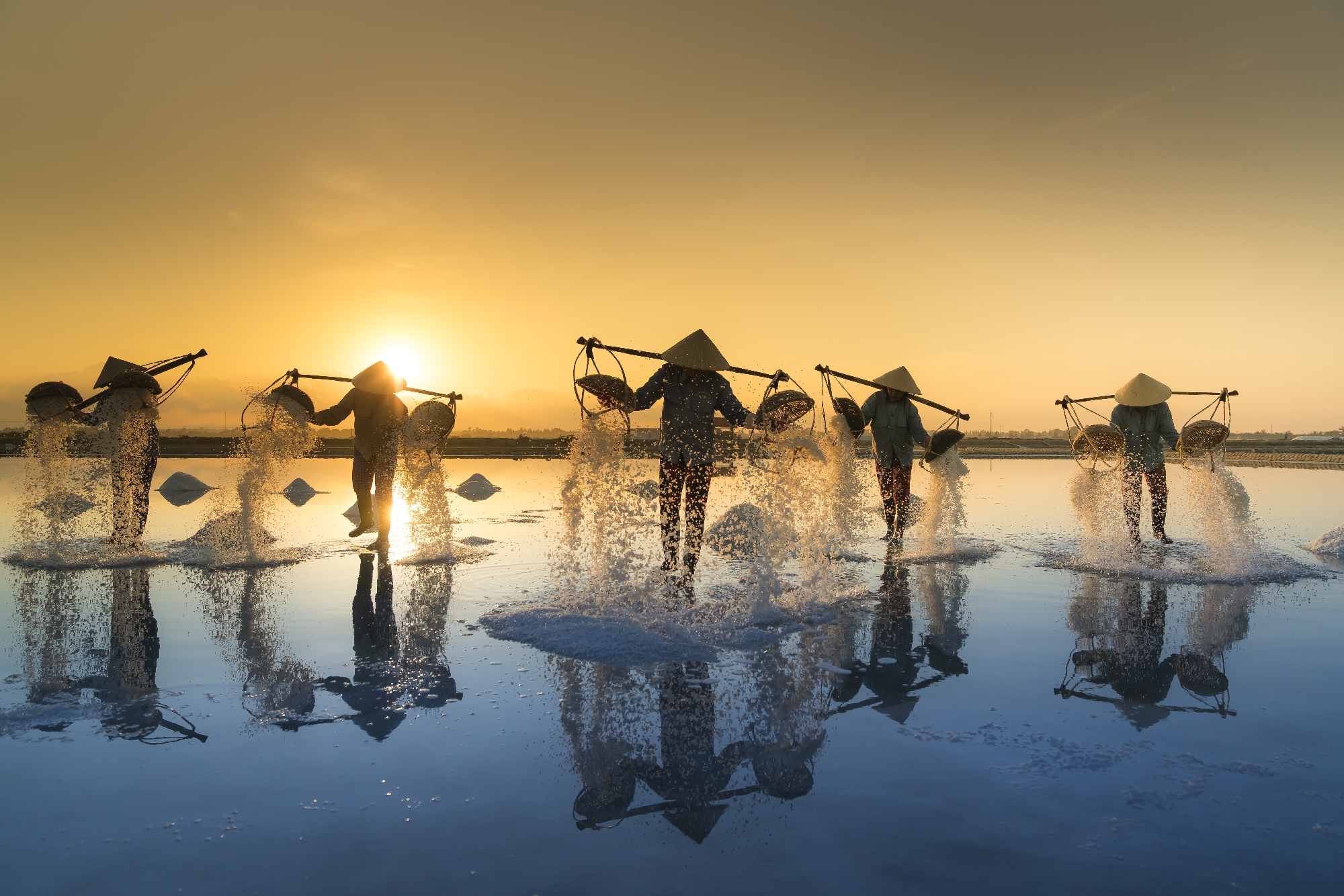 people in sea water harvesting salt