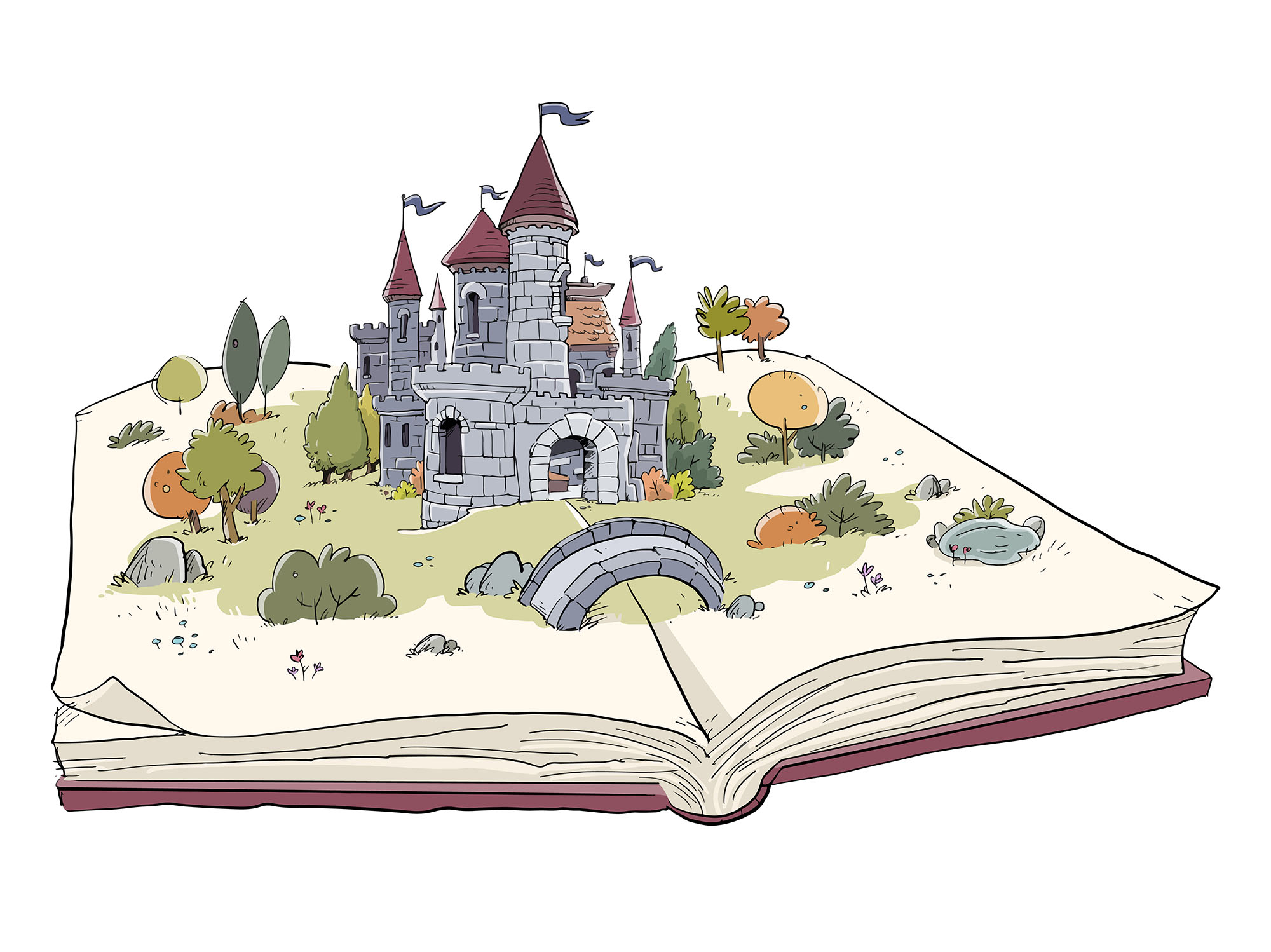 drawing of book with 3D image of castle inside
