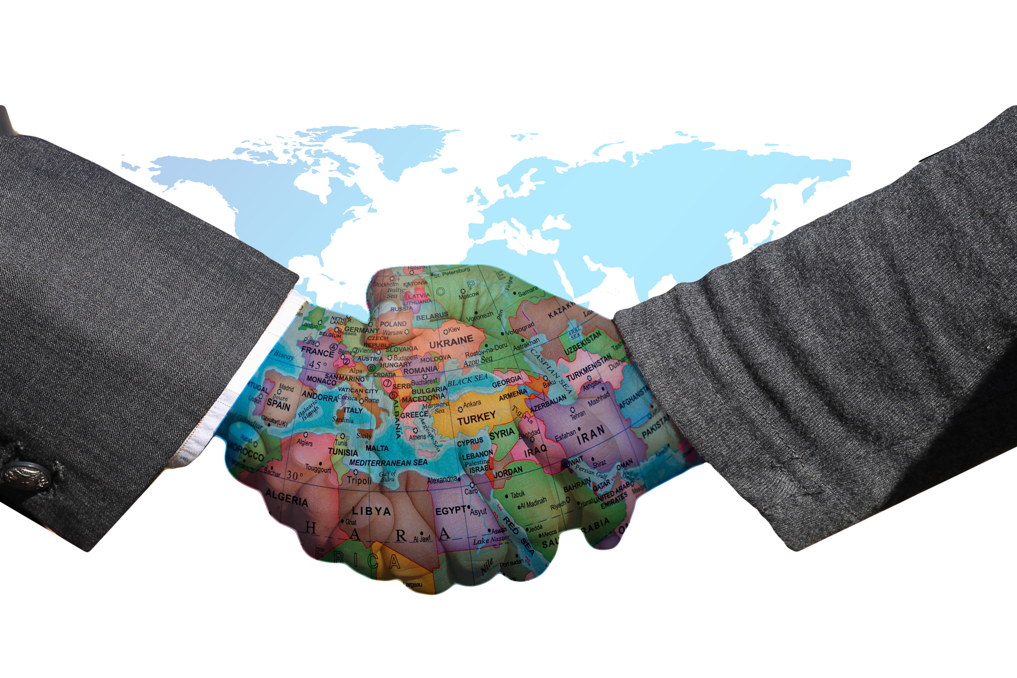 Image of two hands shaking in front of a world map