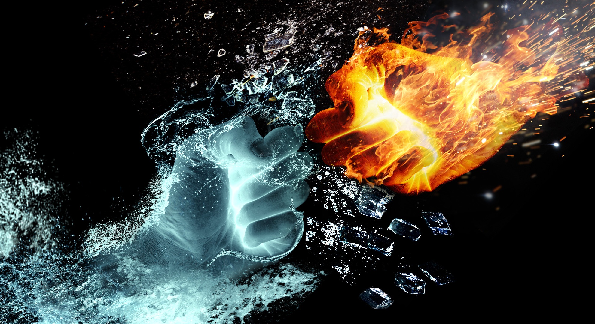 Image of two fists and the shape of fire and water put against each other