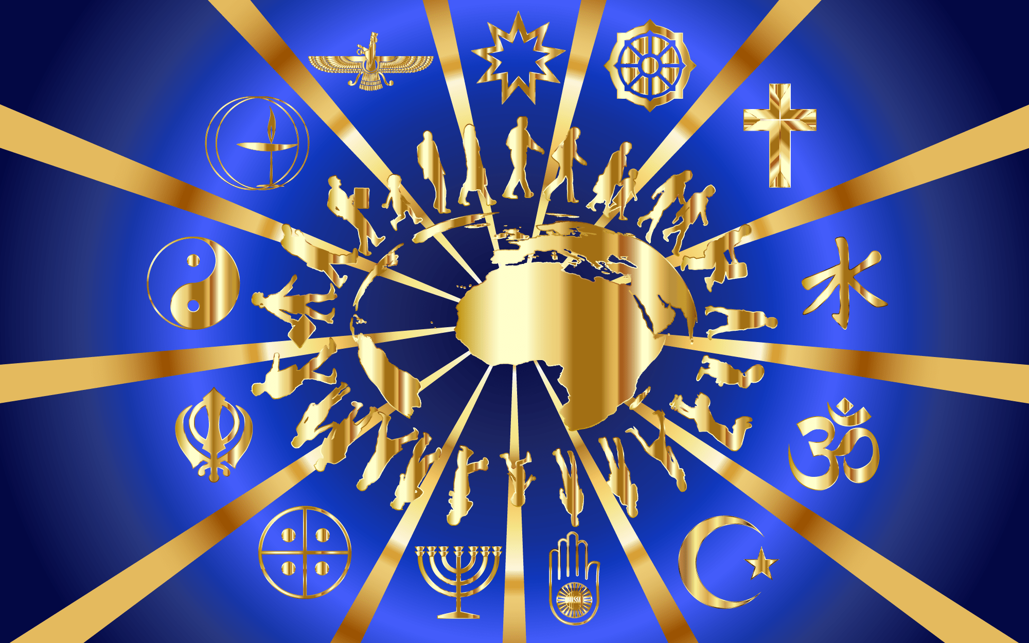 image of globe and its religious symbols with people around it connected by lines