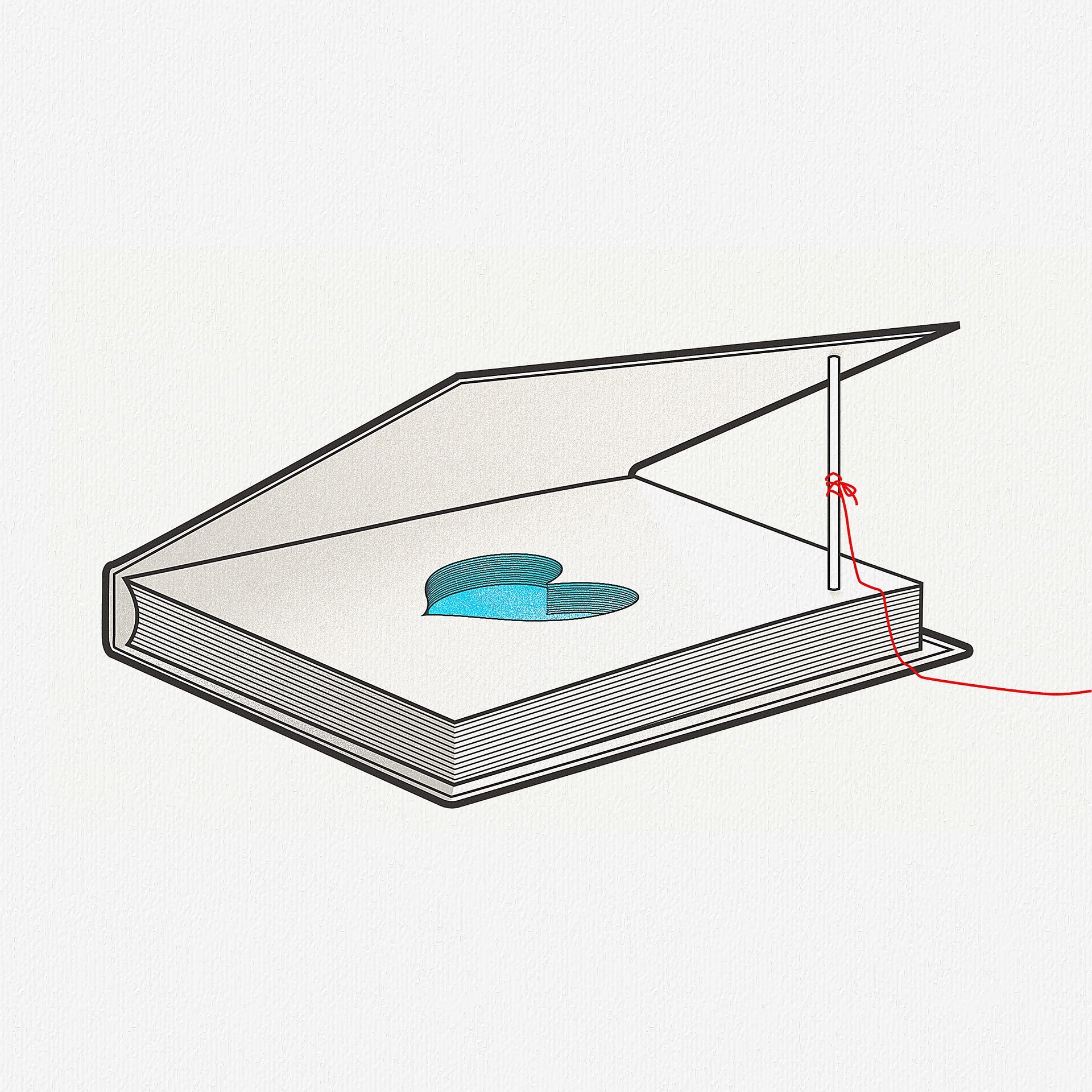 drawing of a book, half open, showing the shape of a heart carved into its pages