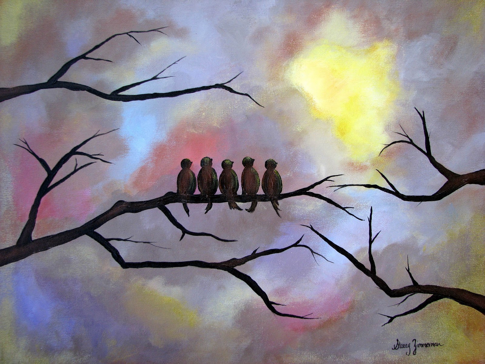 painting of 5 birds sitting on a branch
