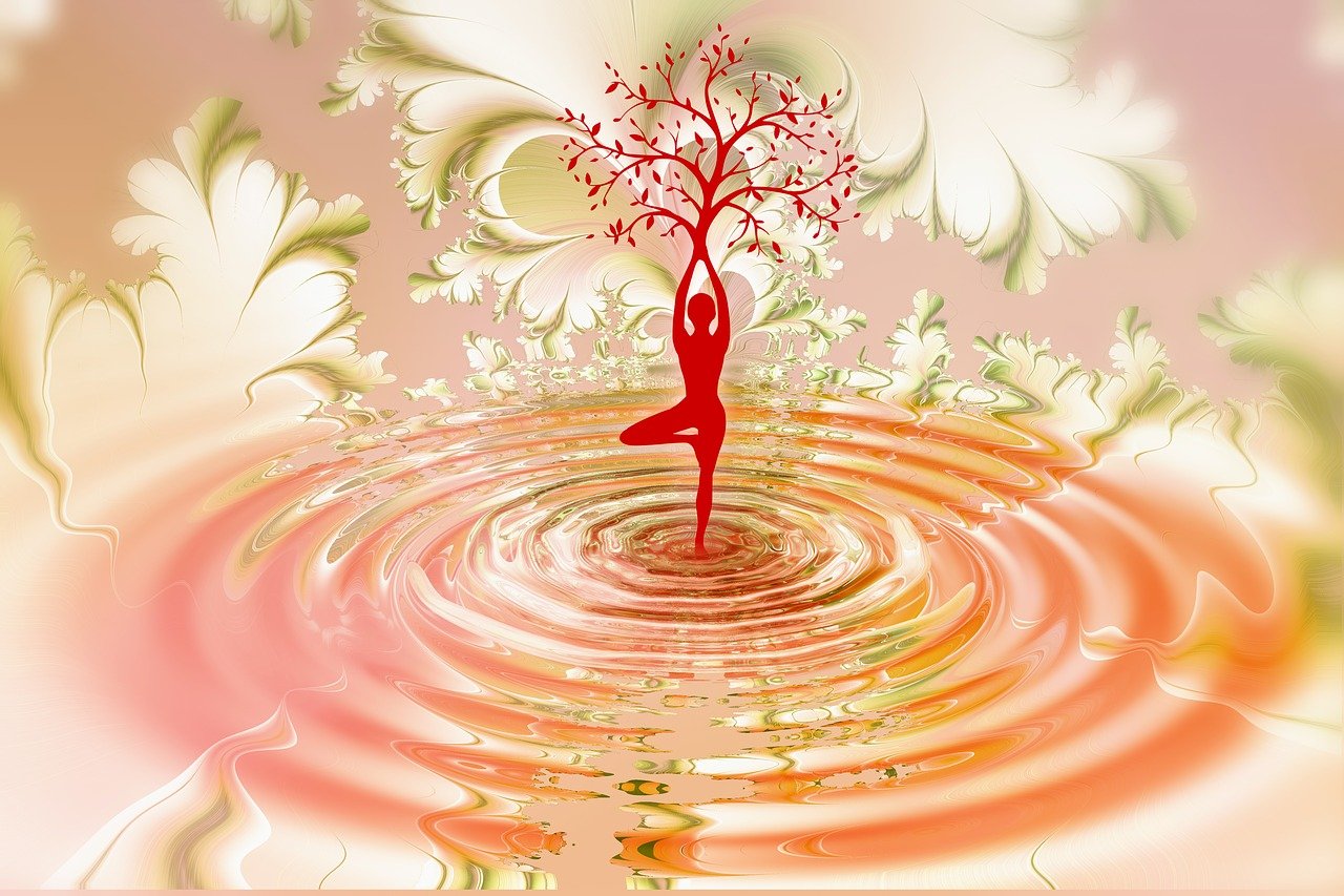 drawing of a symbolised figure connected to branches and water practising yoga