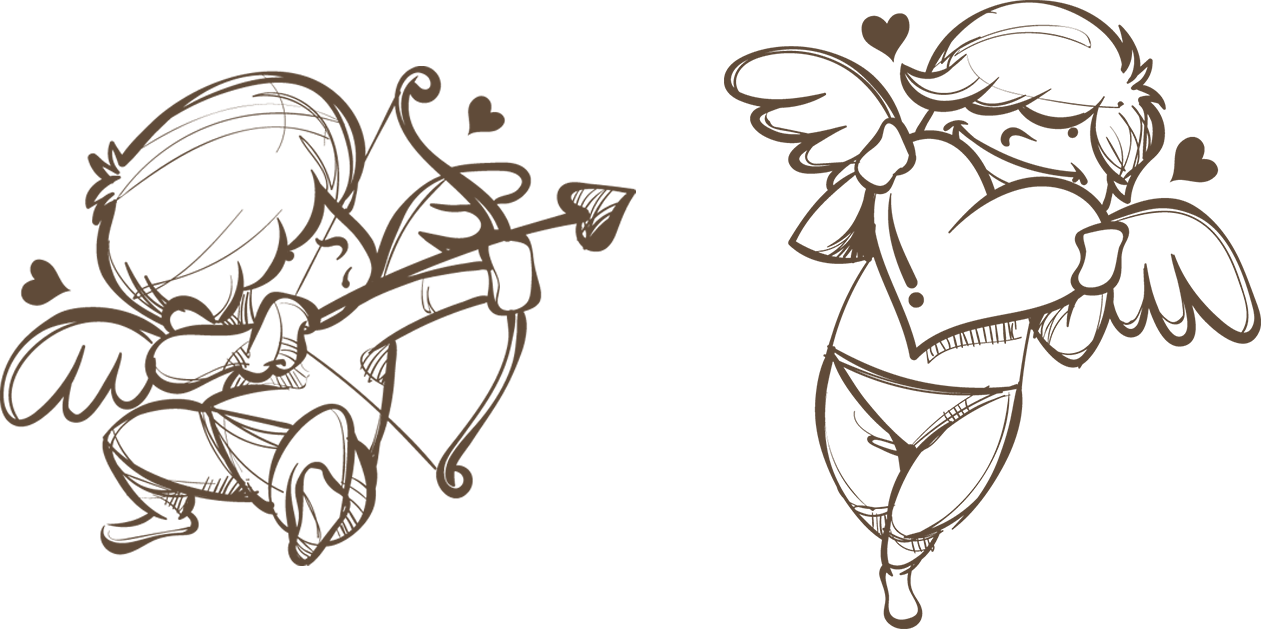 drawing of two cupids, one shooting his arrow, one hugging a heart