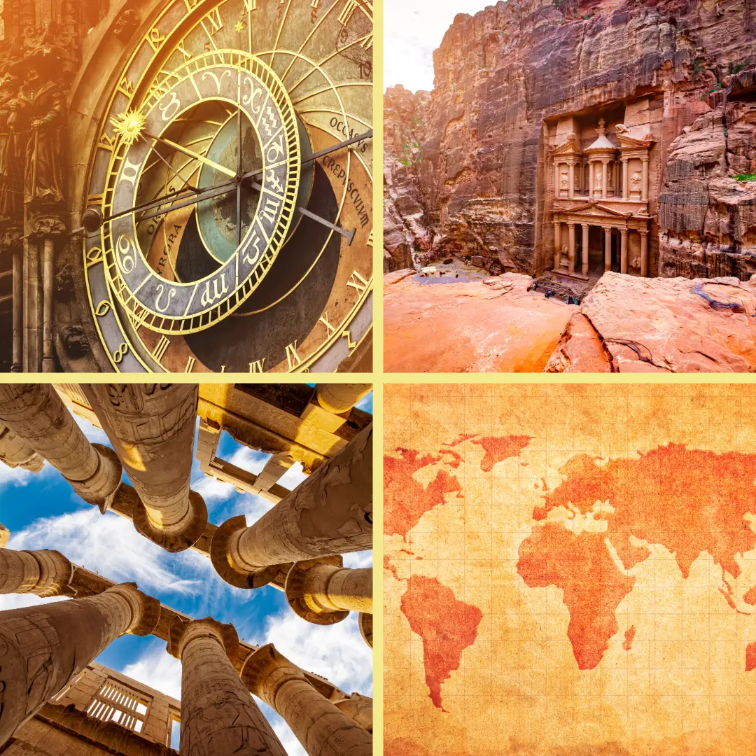 Images of a world map and historical buildings as well as a clock to signify history and its perspectives