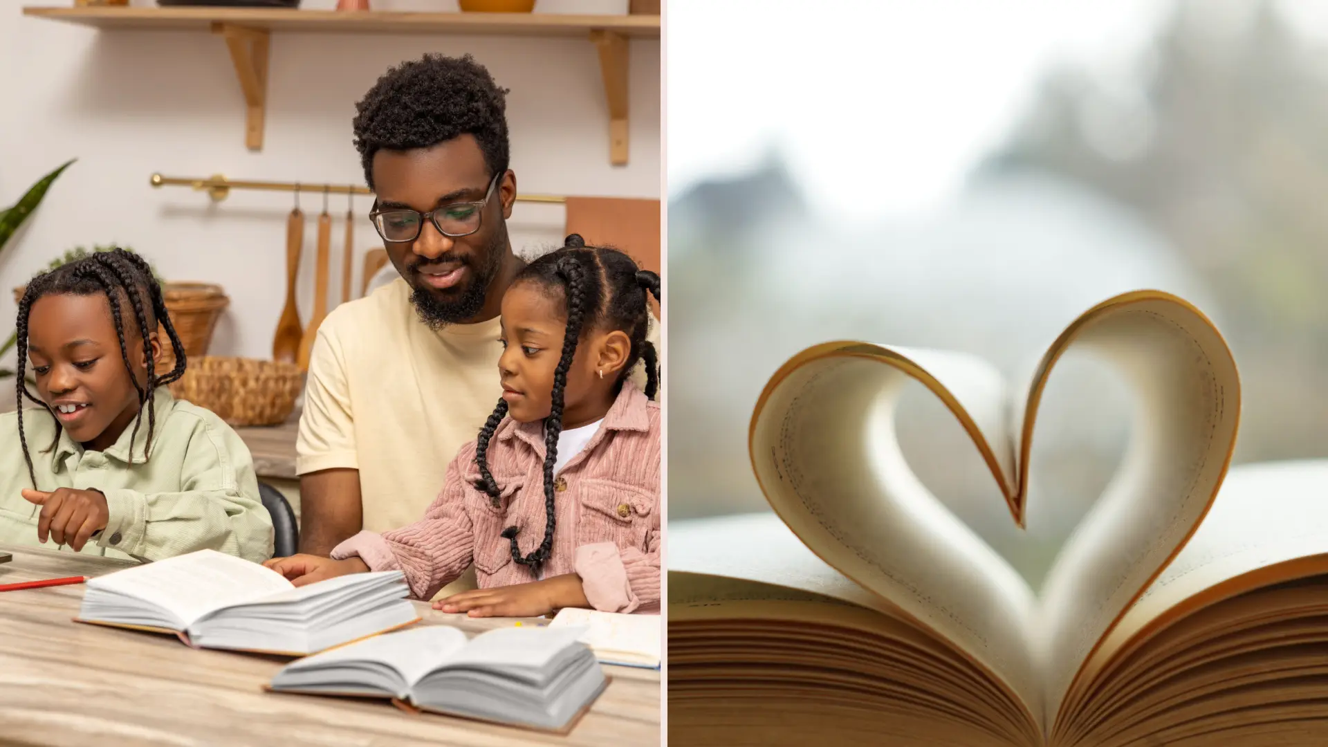 Image of a father teaching his children by reading books with them - and 2nd image of an open book with two pages shaped into a heart