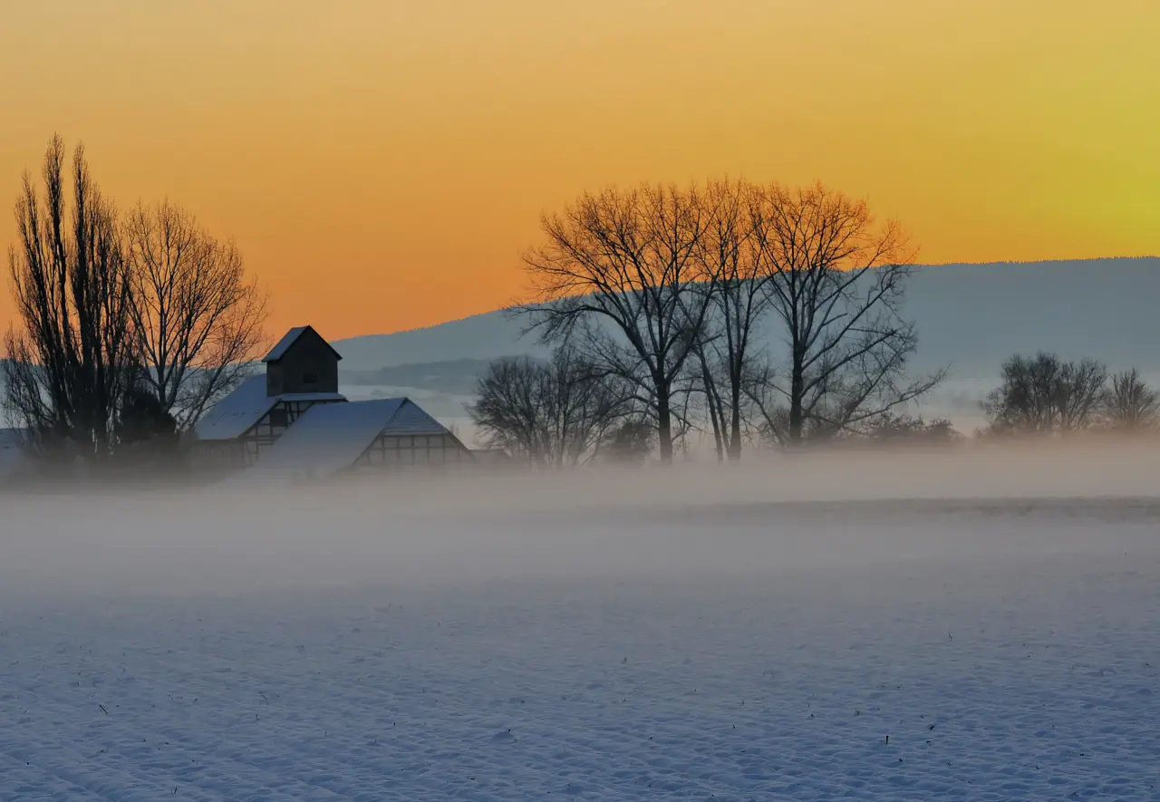 Photo einer Wassermühle mit Bäumen und Hügeln im Abendnebel, im Winter