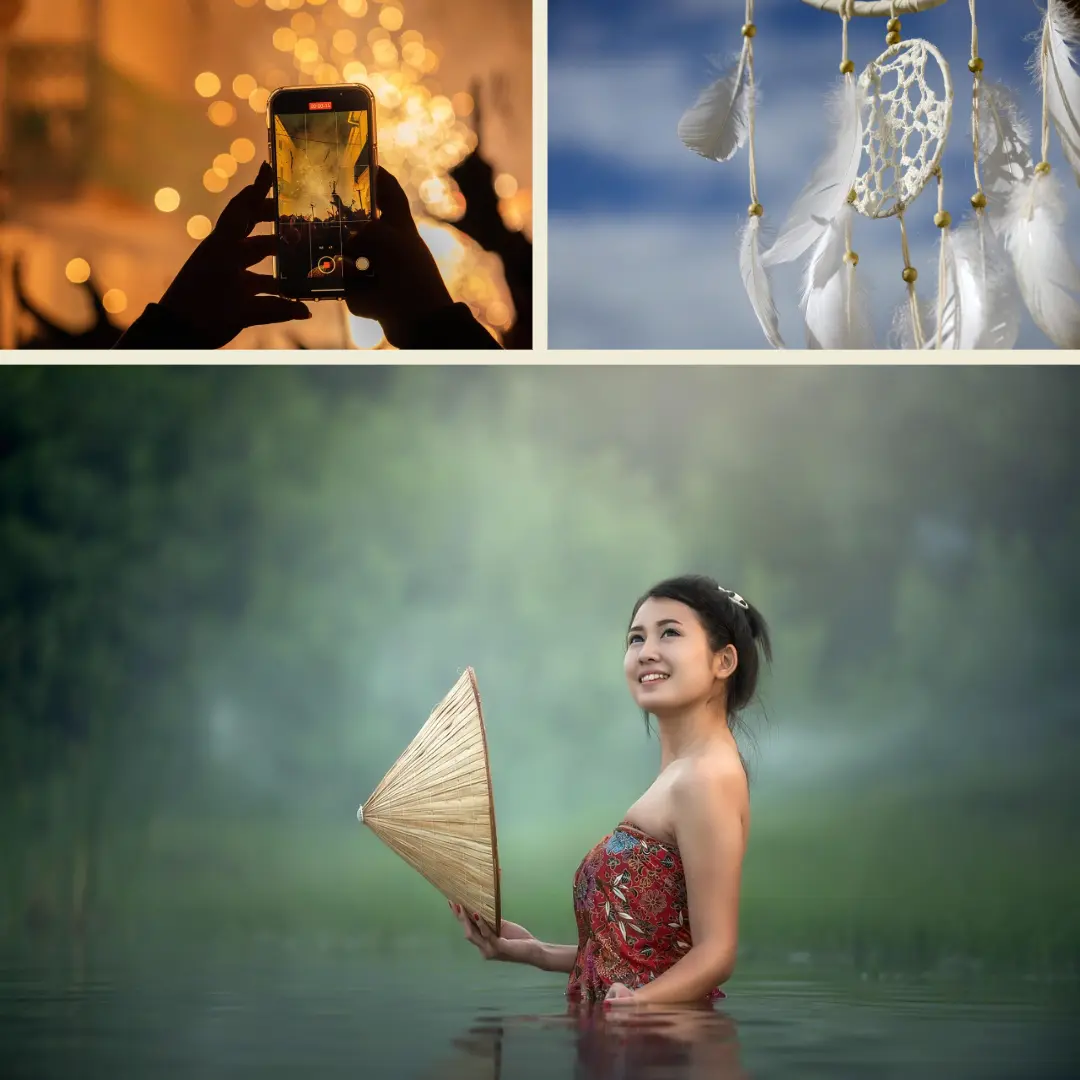 Collage of three images to represent different cultures, an Indian feather mobile, an Asian woman smiling and a person holding a mobile phone taking a picture
