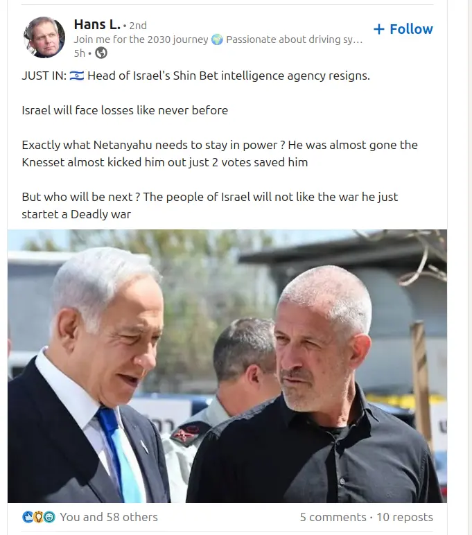 Screenshot of a LinkedIn post stating the disagreement of a man from Israel with the war there.