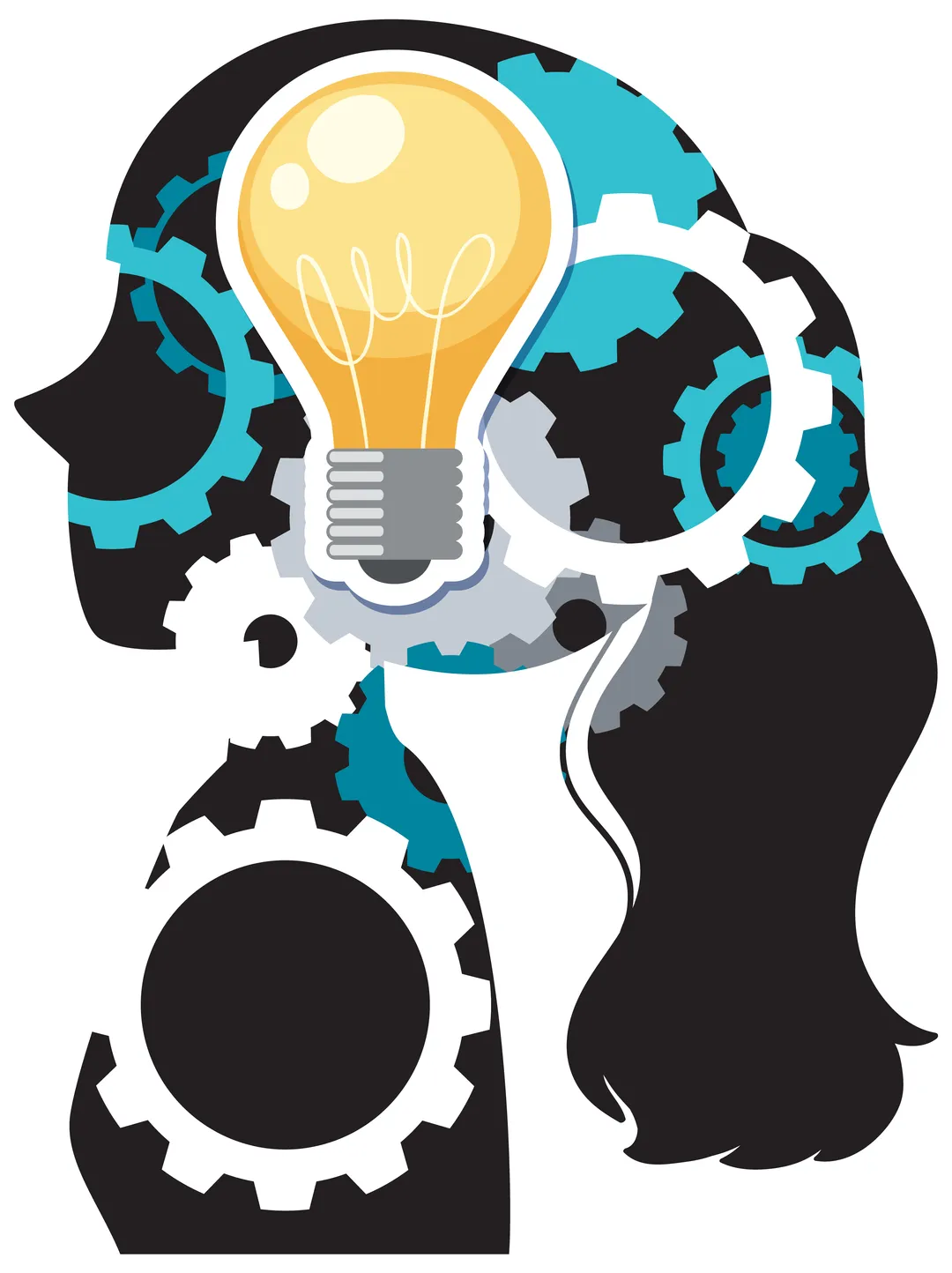 Image of female head shape with gear icons and light bulb drawn across symbolising a machine and a human intelligence, the lighted bulb for ideas