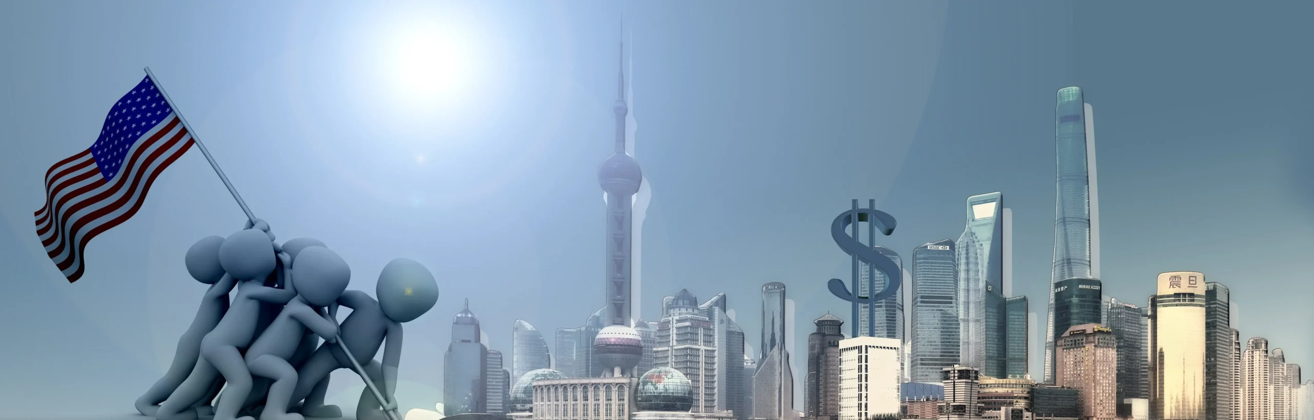 Image of fictitious skyline with soldiers as figures carrying the US flag charging and a huge dollar symbol in front