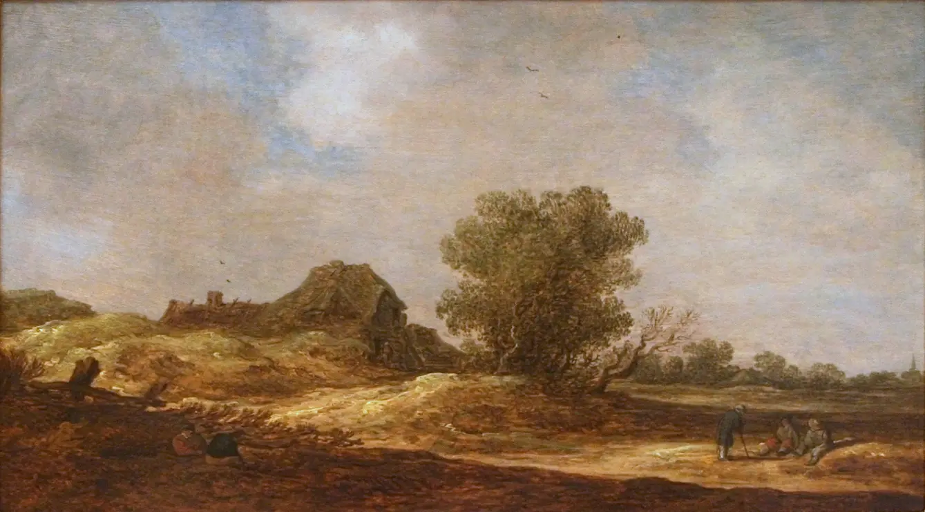 Bild eines Ölgemäldes mit kleinem Farmhaus, Sanddünen, einigen kleinen Bäumen in der Dämmerung