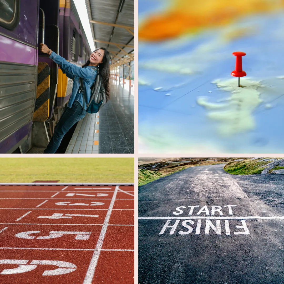 Collage of four images that show a person traveling, a finish and a start line and a pin pricked into a map someplace