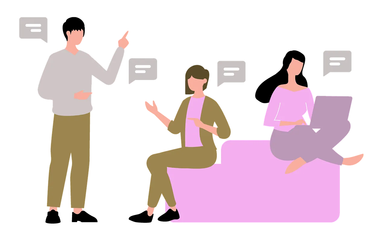 Drawing of three people together near a sofa calmly talking, indicated by speech bubbles