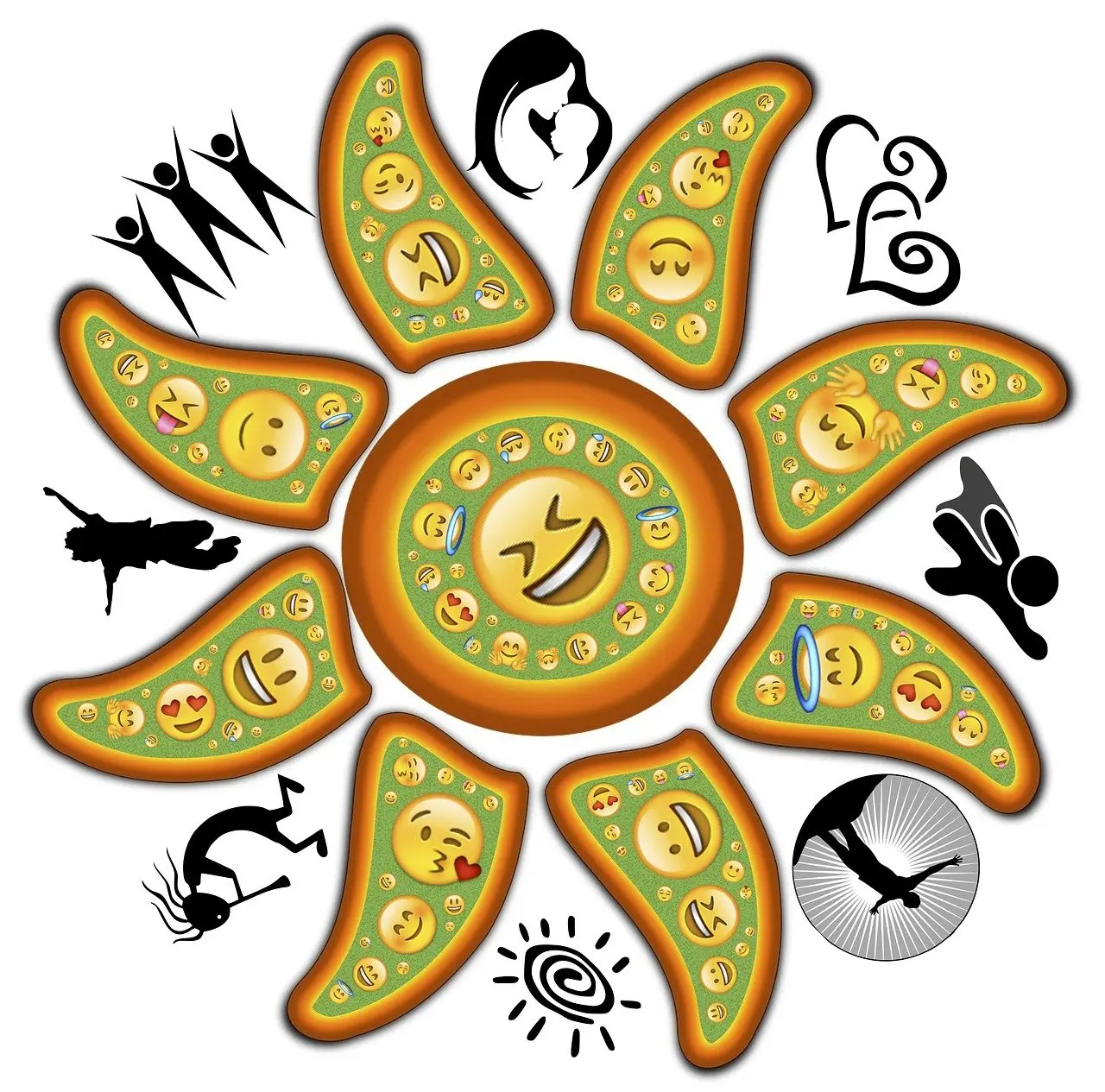 Bild vieler kleiner Muster, Emojis und Scherenschnittfiguren von Situationen, die traurig, fröhlich und andere ausdrücken.