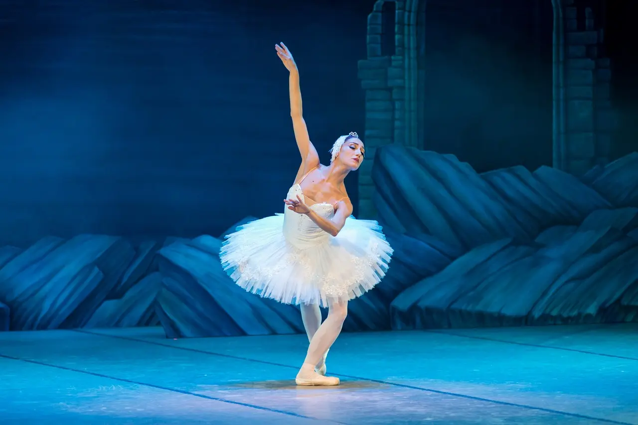 Ballet dancer in mid-dance, elegantly poised, swan lake theme, white swan