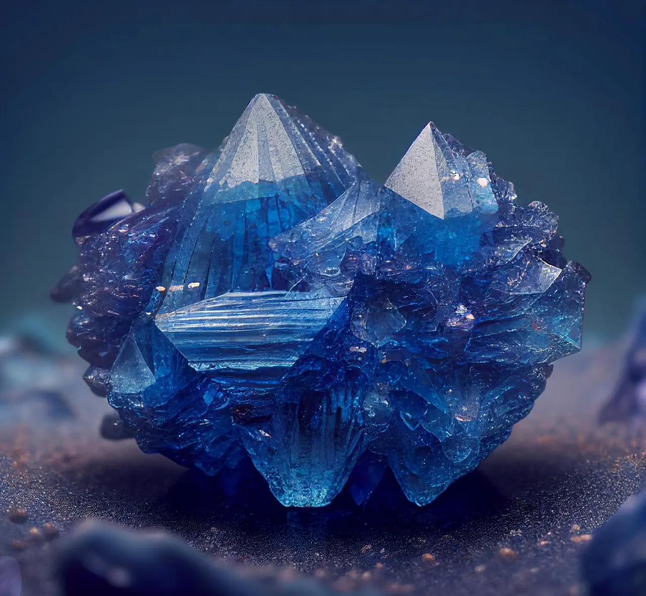 Image of a blue natural crystal stone, grown into a multi-faceted shape.