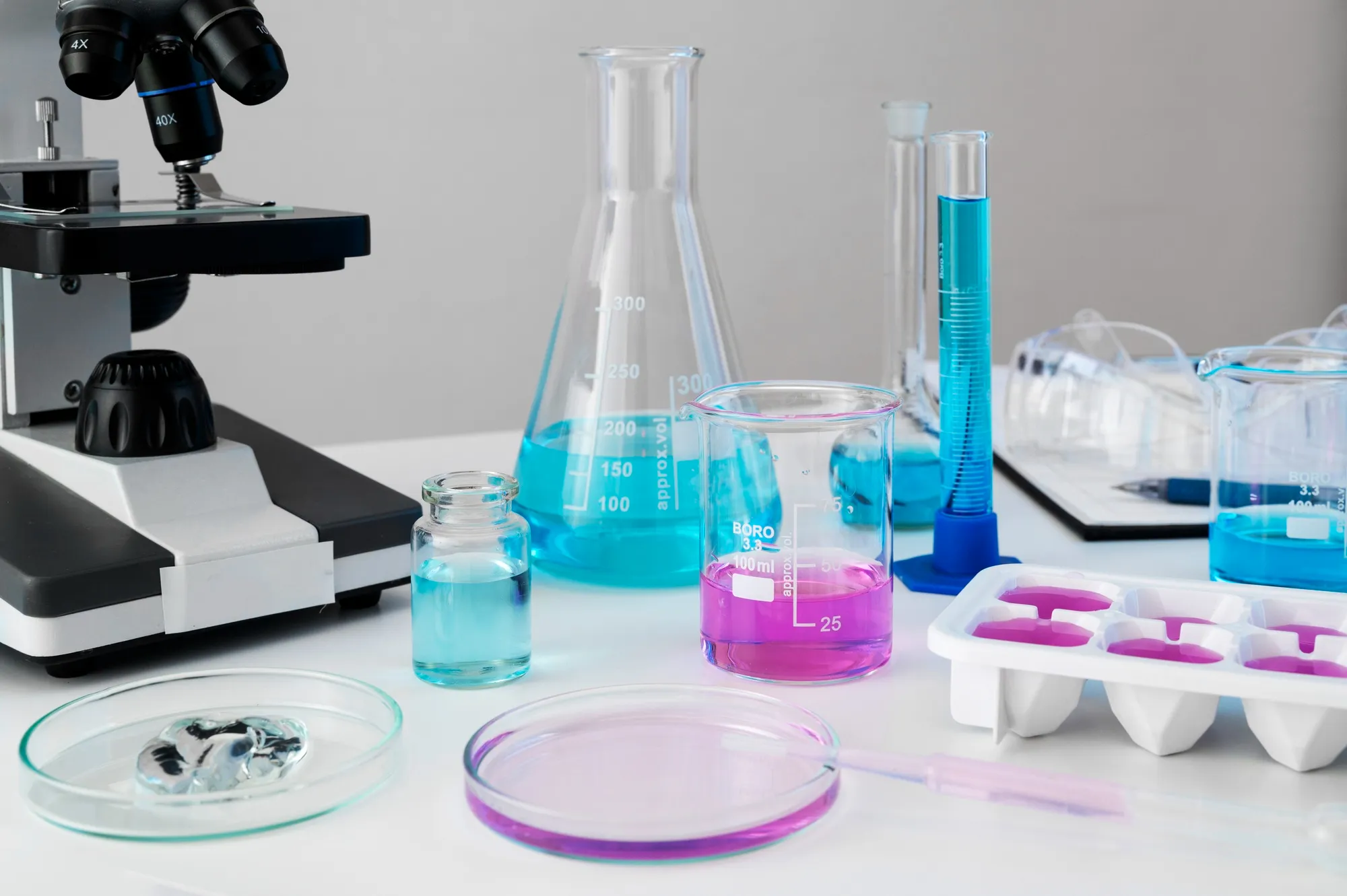 A table in a laboratory sowing several tubes, small glass bottles and testing equipment for chemical substances.