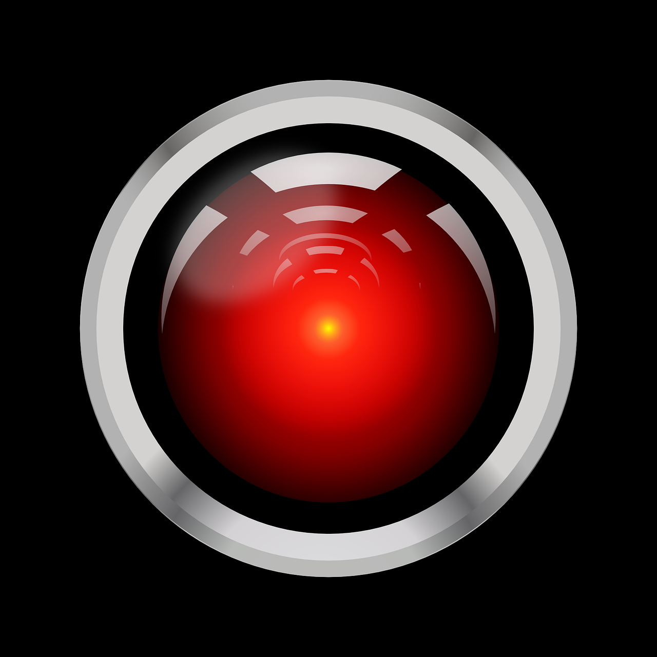 Image of a red round light bulb with a yellow center representing the fictional talking computer HAL 9000's eye.