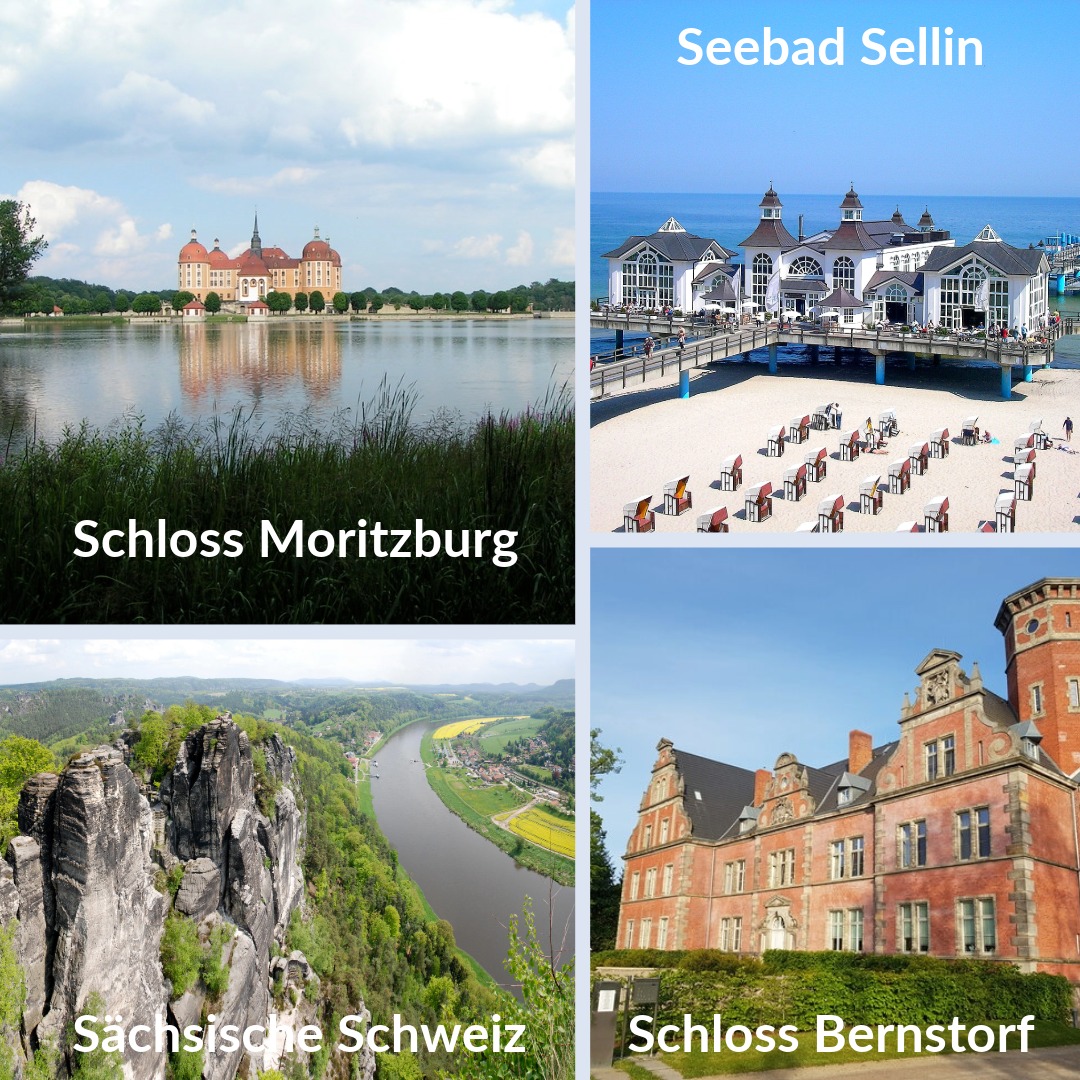 Collage aus mehreren Bildern ostdeutscher Schönheiten, 2 Schlösser, ein Seebad auf Rügen und die sächsische Schweiz