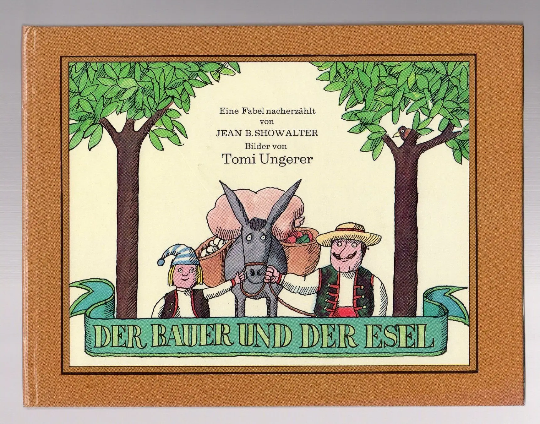 Zeichnung eines Bauern, der einen Esel am Halfter führt, mit einem Jungen daneben.