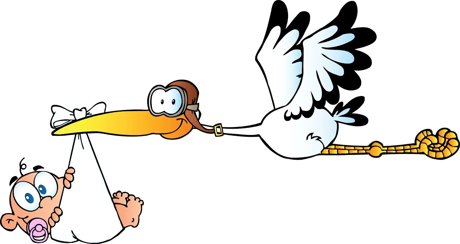 Drawing of a smiling stork flying past carrying a baby inside a folded cloth in his beak.