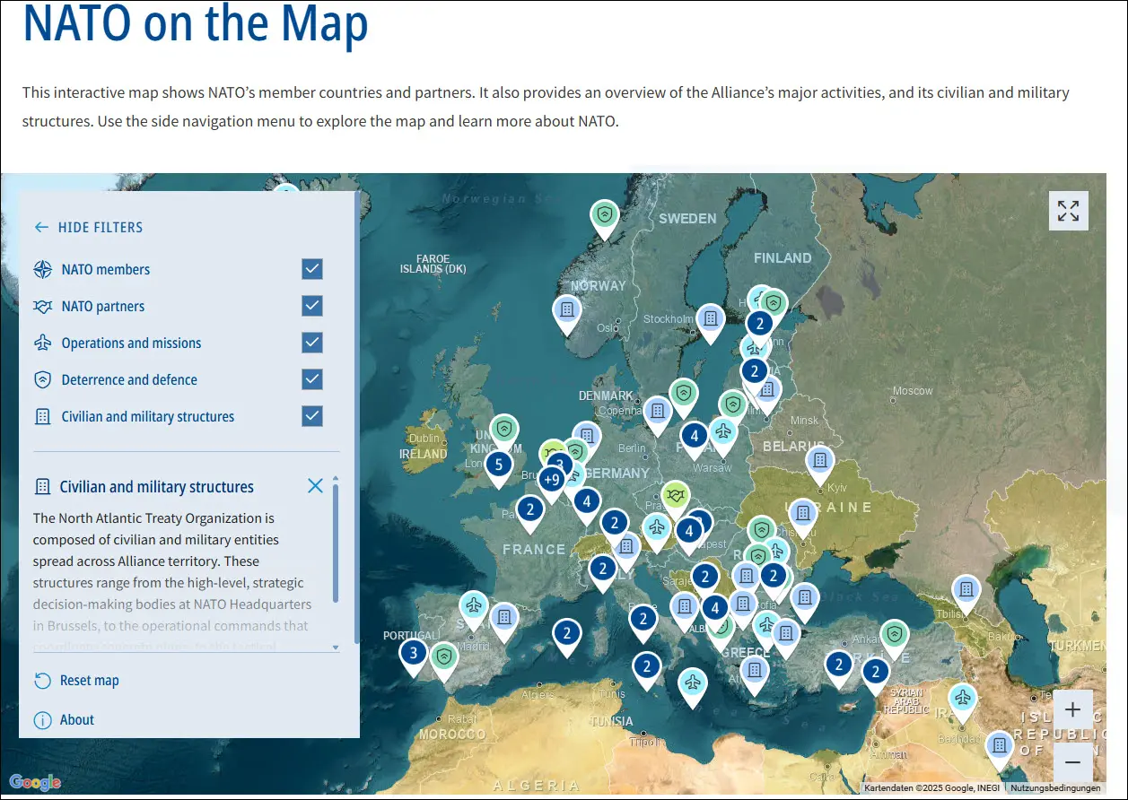 Image of NATO member states and installations around East of Europe, including Ukraine and its border with Russia.