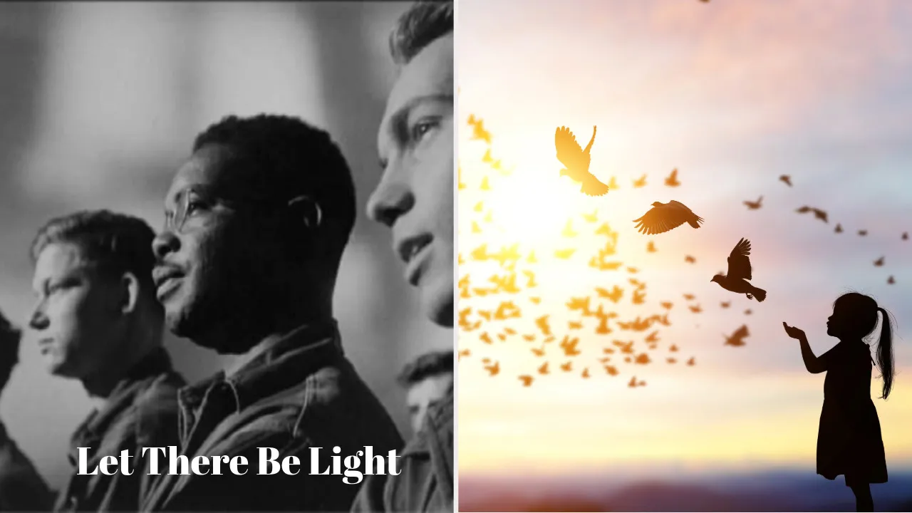 Two images side by side, one still from the movie one girl in front of a sunset watching doves fly.