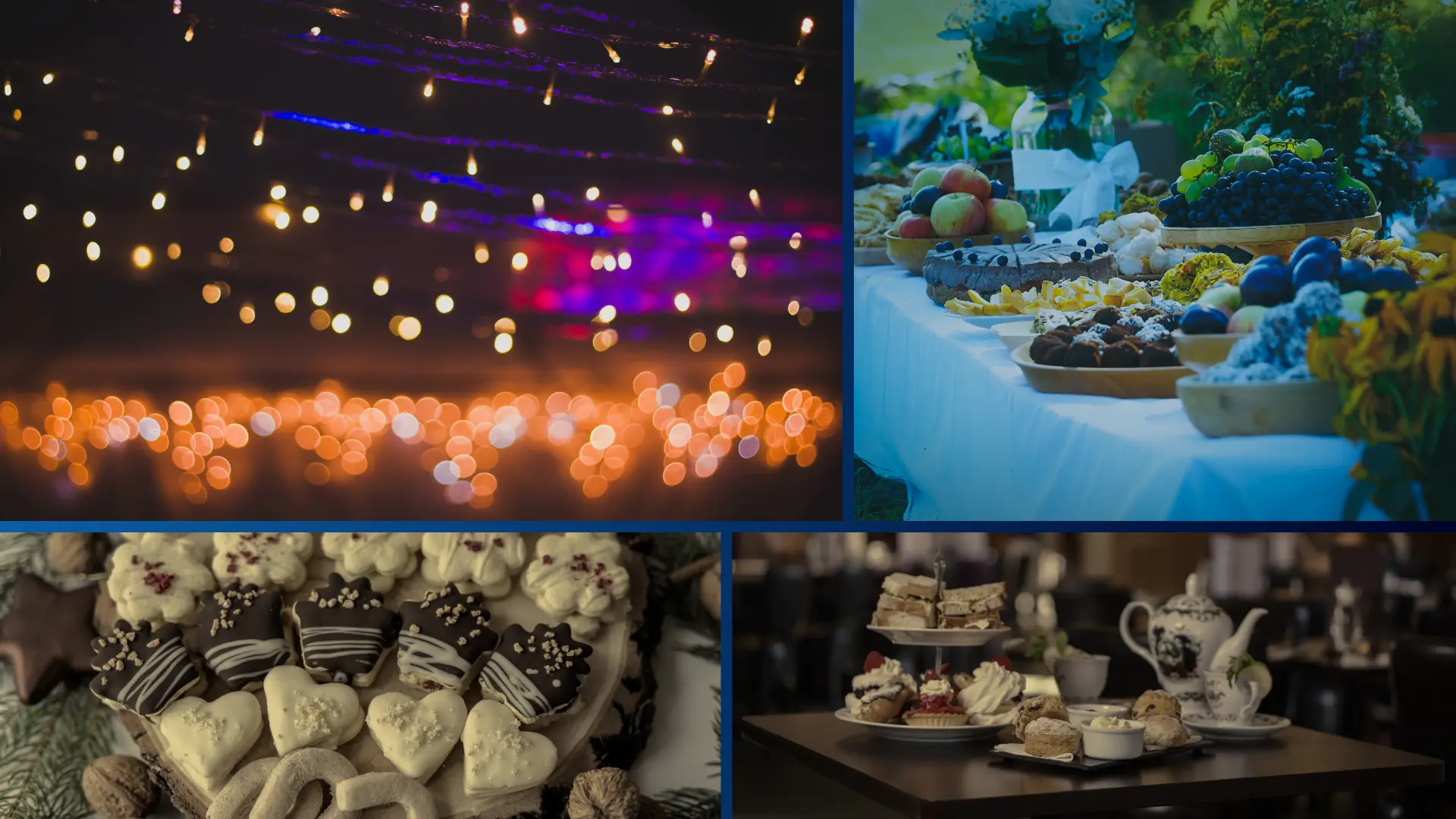 4 Bilder von Partylichtern und Kuchen und Süßigkeiten auf Tischen unter verschattetem Licht