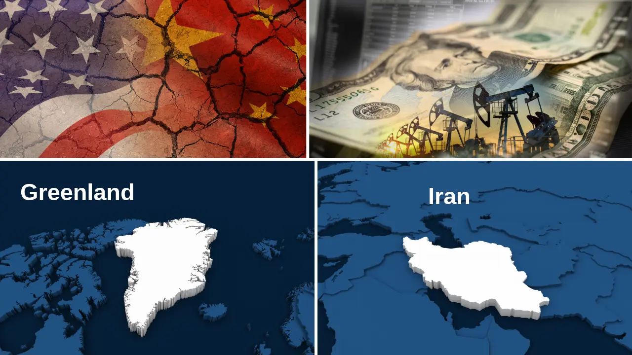 Four pictures, showing the US-flag on a background of dried, cracking earth, a picture of oil rigs, dollar bills in front, and a picture of a Greenland and Iran map, respectively.