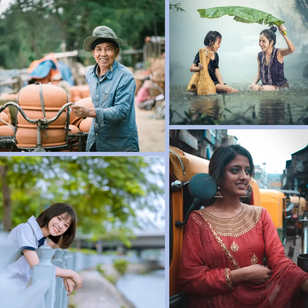 Four pictures of smiling people