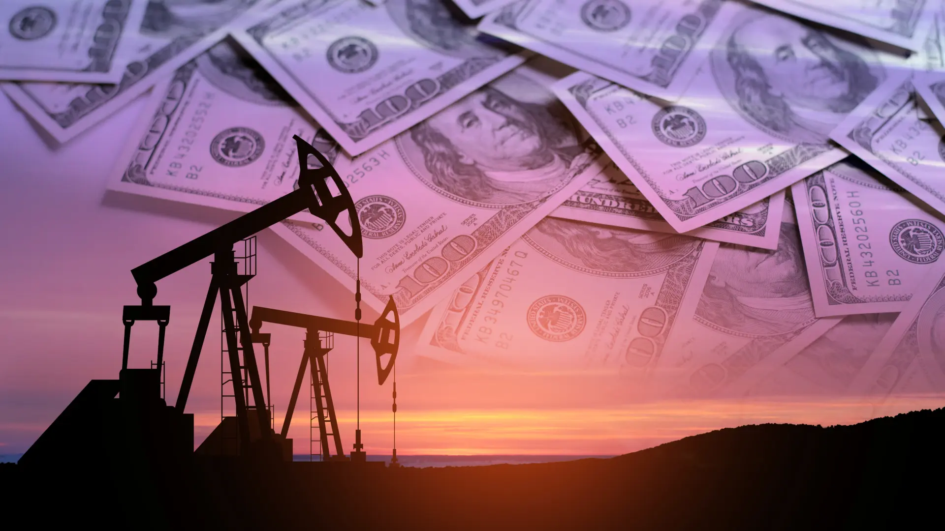 Image of oil wells on a huge field at sunset and dollar notes in the background, half-transparent.