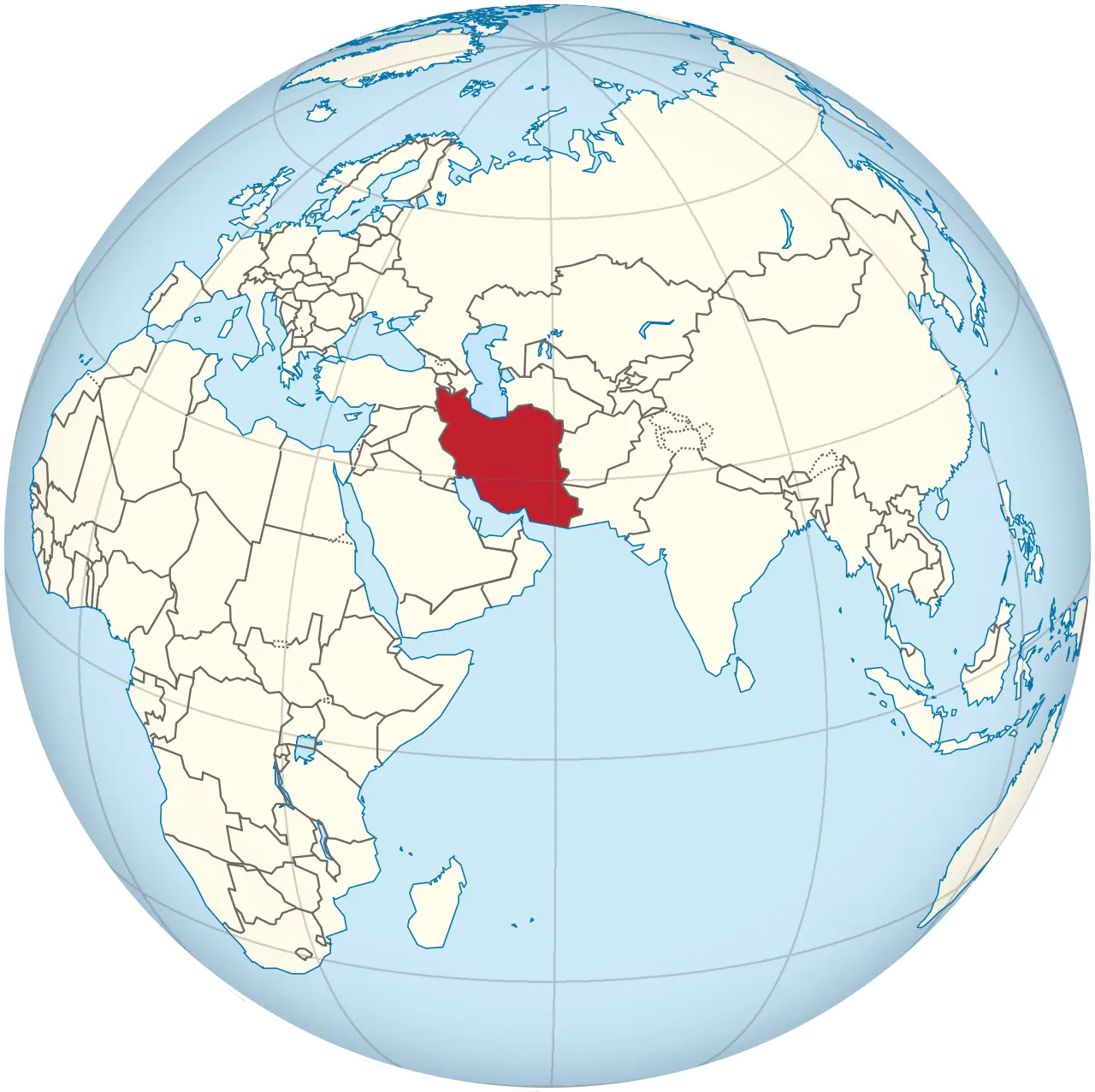 Image of a 2D globe of the earth, with Iran's position on the map coloured in red in the center of the picture.