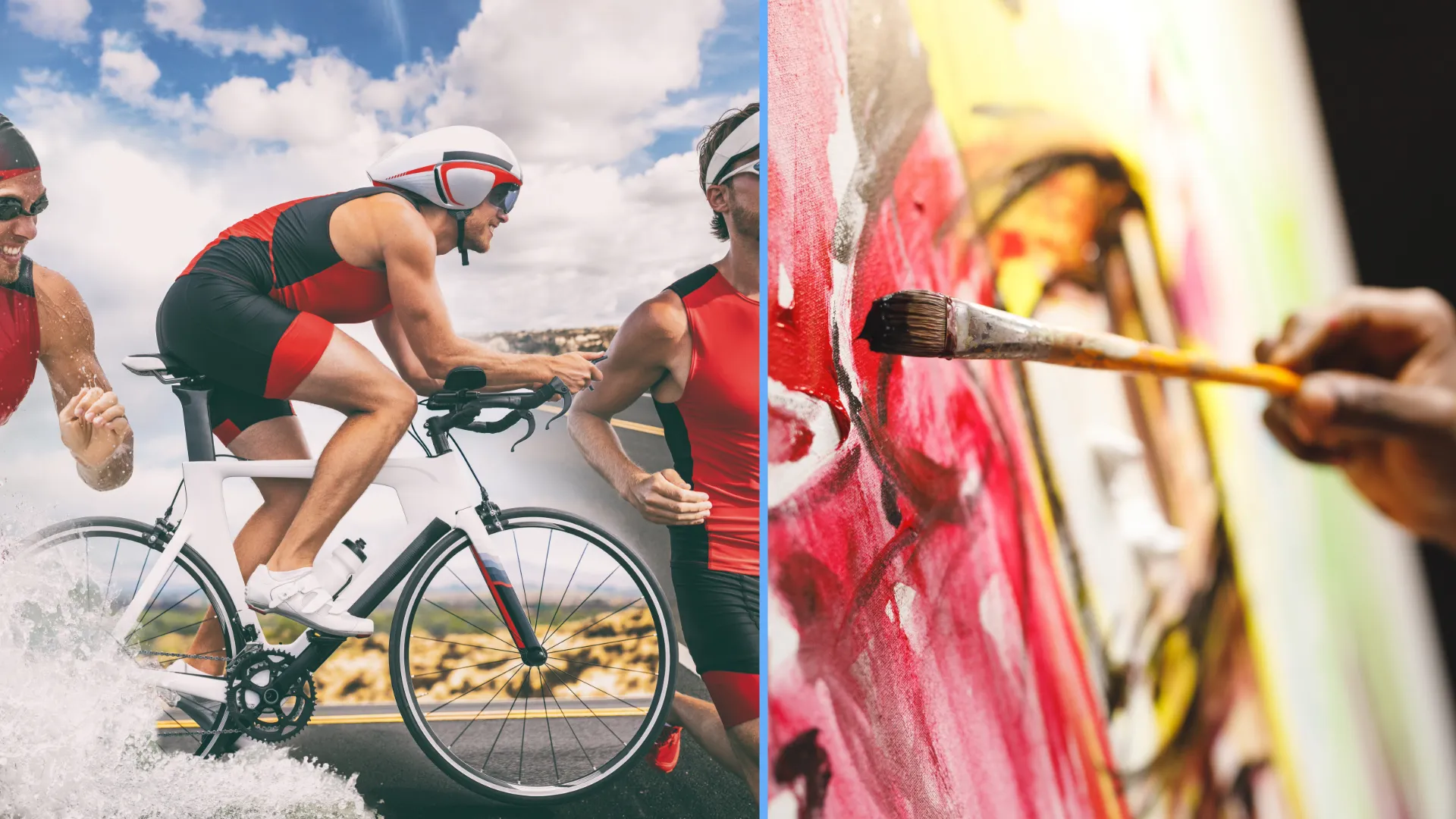 Two images showing a man running from water, biking and doing a run on the street, in a triathlon and a large canvas in oil, with a male hand holding a brush to it as if painting.