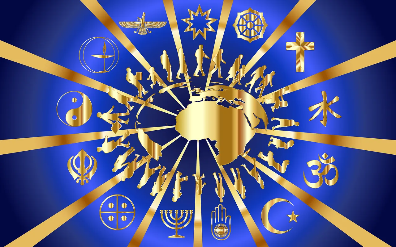 Embleme der Religionen der Welt in einem goldenen Strahlekranz auf lauchtend blauem Grund, mit meschlichen Fiuren dazwischen, im Zentrum ein Globus.