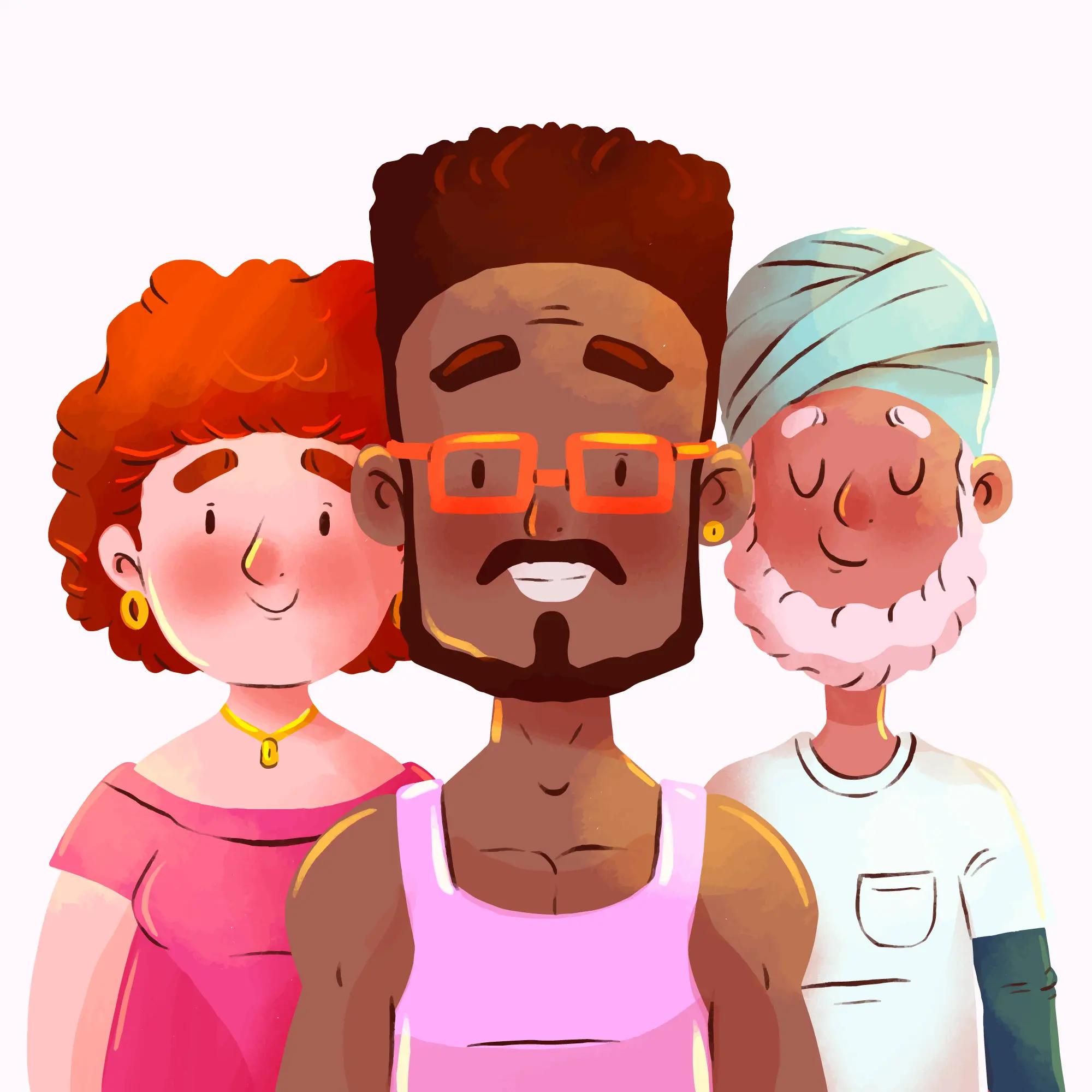 Zeichnung dreier mensclicher Porträts, mit unterschiedlicher Hautfarbe, Geschlecht - lächelnd.