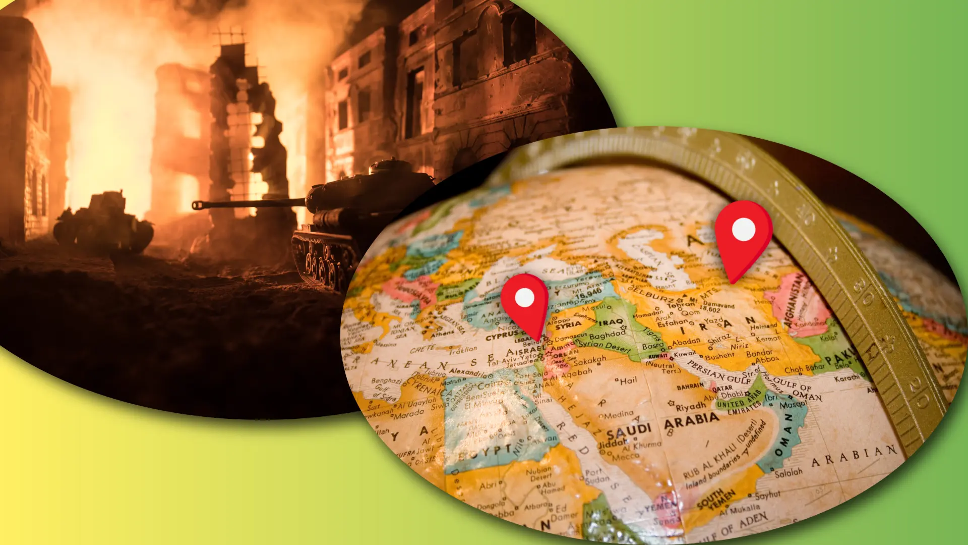 A collage of two images as vignettes showing a map of the near east, Israel and Iran marked and another image showing burning ruins of houses with a tank in front on a dark background.