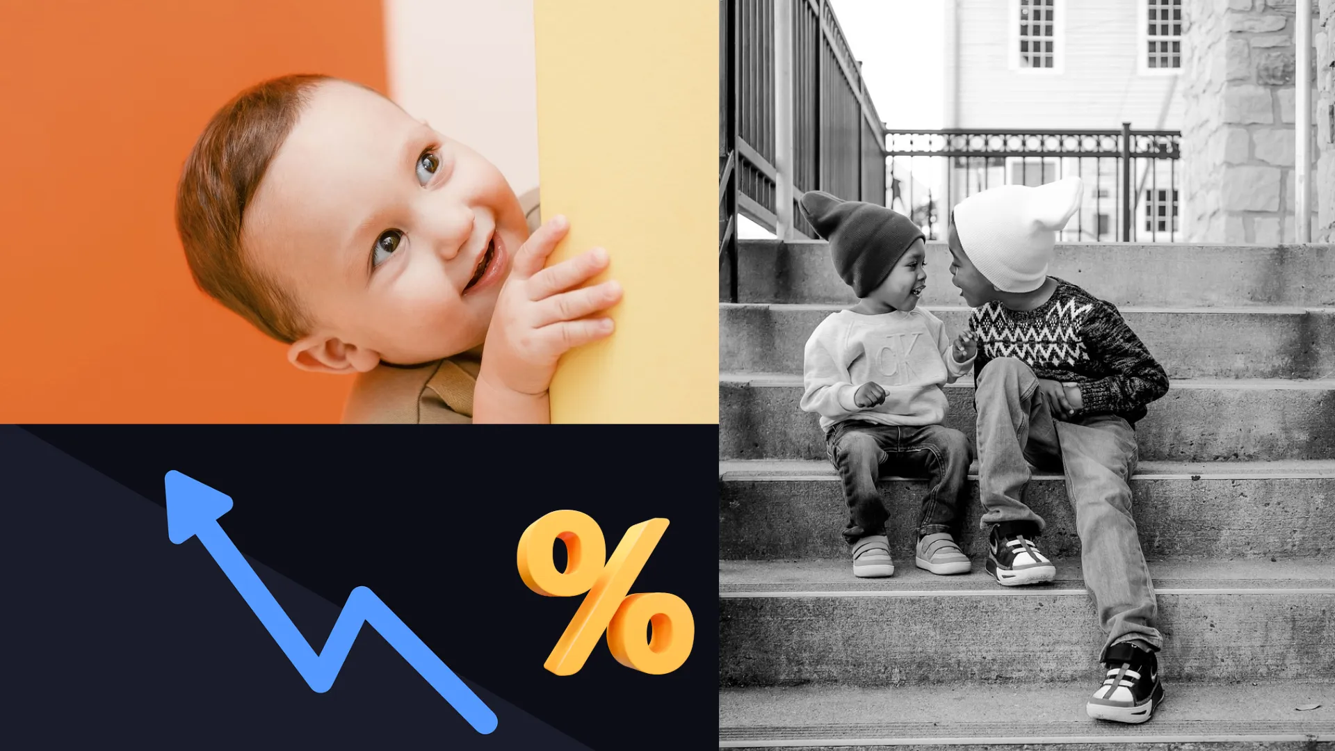 Collage of three images: Three small boys, smiling and a picture of a graph arrow like a chart and a percentage sign.