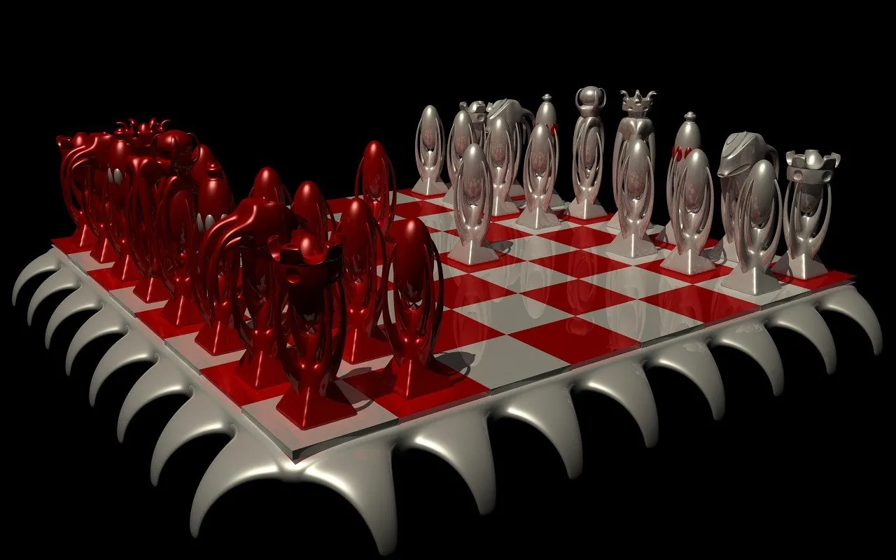 A chess board with red and silver fields and red and silver pieces facing each other, the top parts of each piece looking like a small bomb.