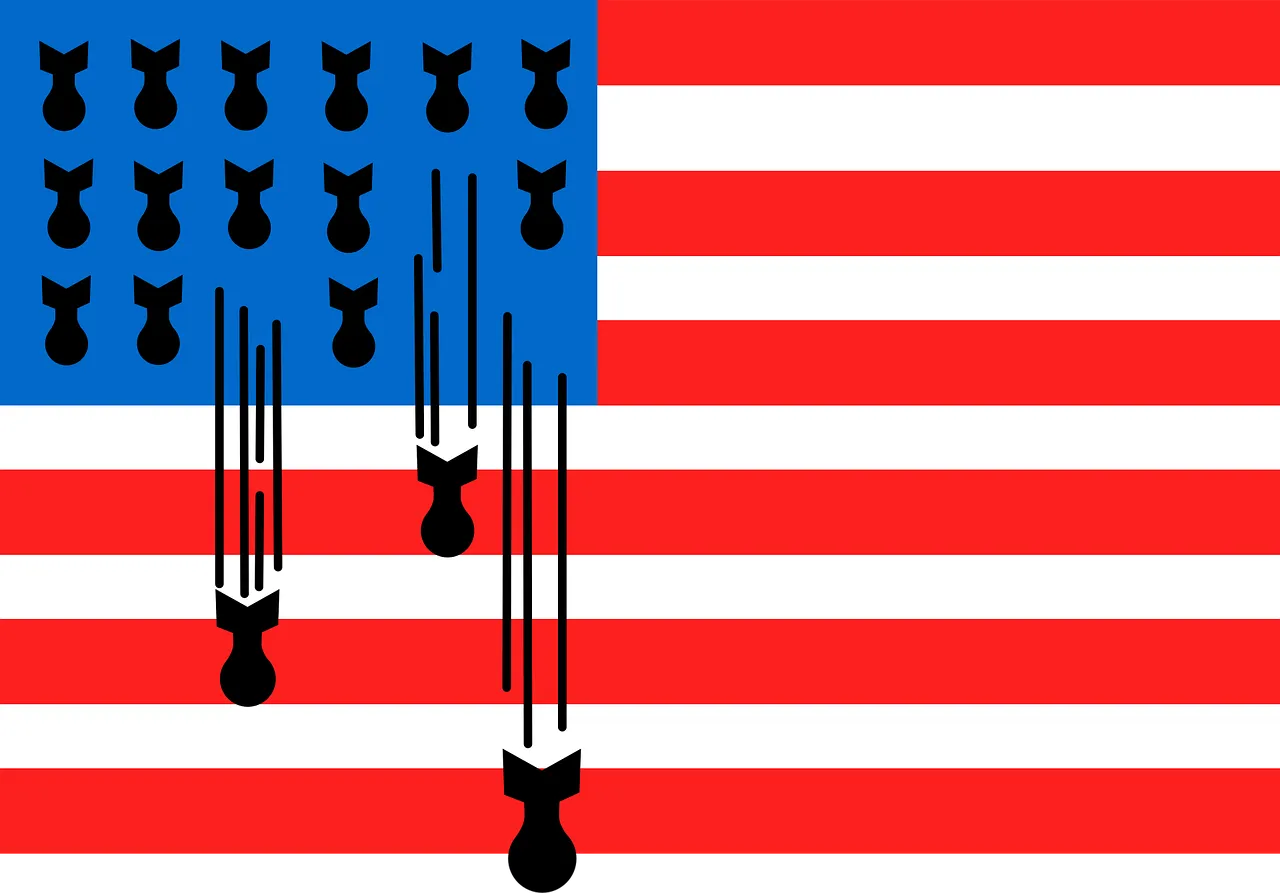 The US American flag with rockets instead of stars three of which seem to fall or drop down similar to blood drops.