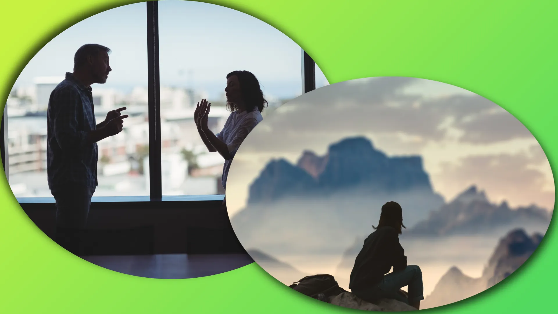 Collage of two images, two people arguing in shadow and a female figure on a hill calmly looking at the dusky sky.