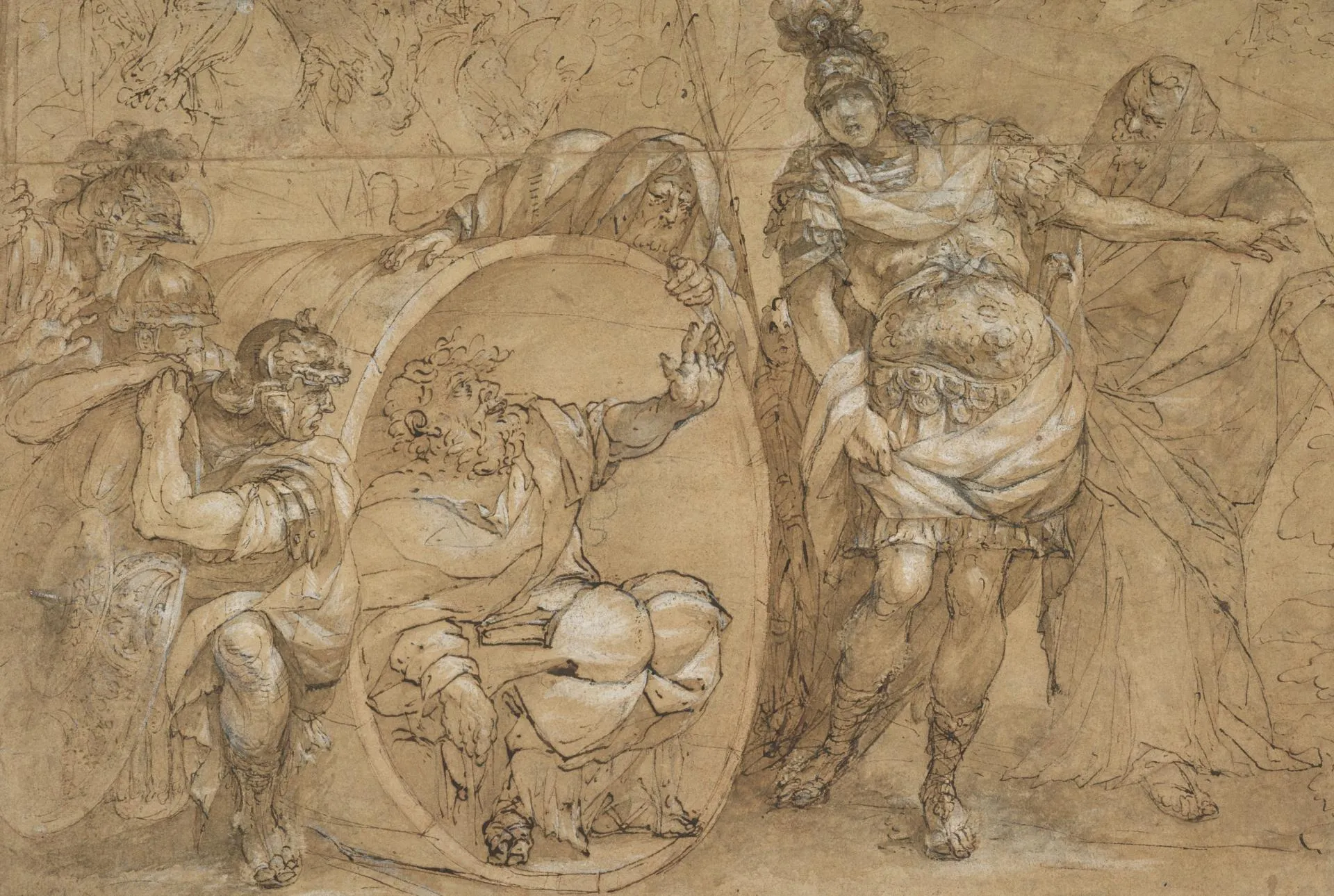 Drawing of Diogenes sitting in a barrel and Alexander in warriors' armour meeting.