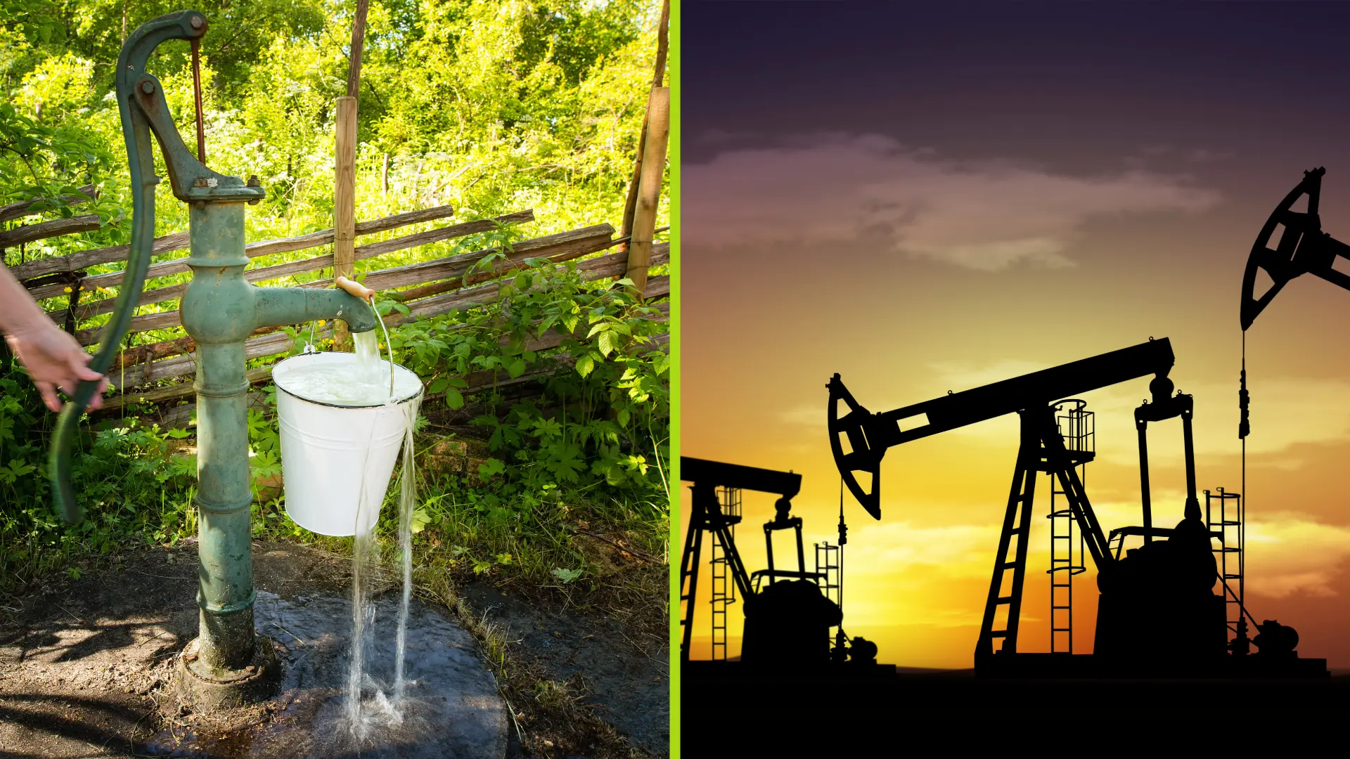 Collage of two pictures, one ofan old water pump operated by a hand using a lever. The other showing oil wells in front of a dusky skyline.