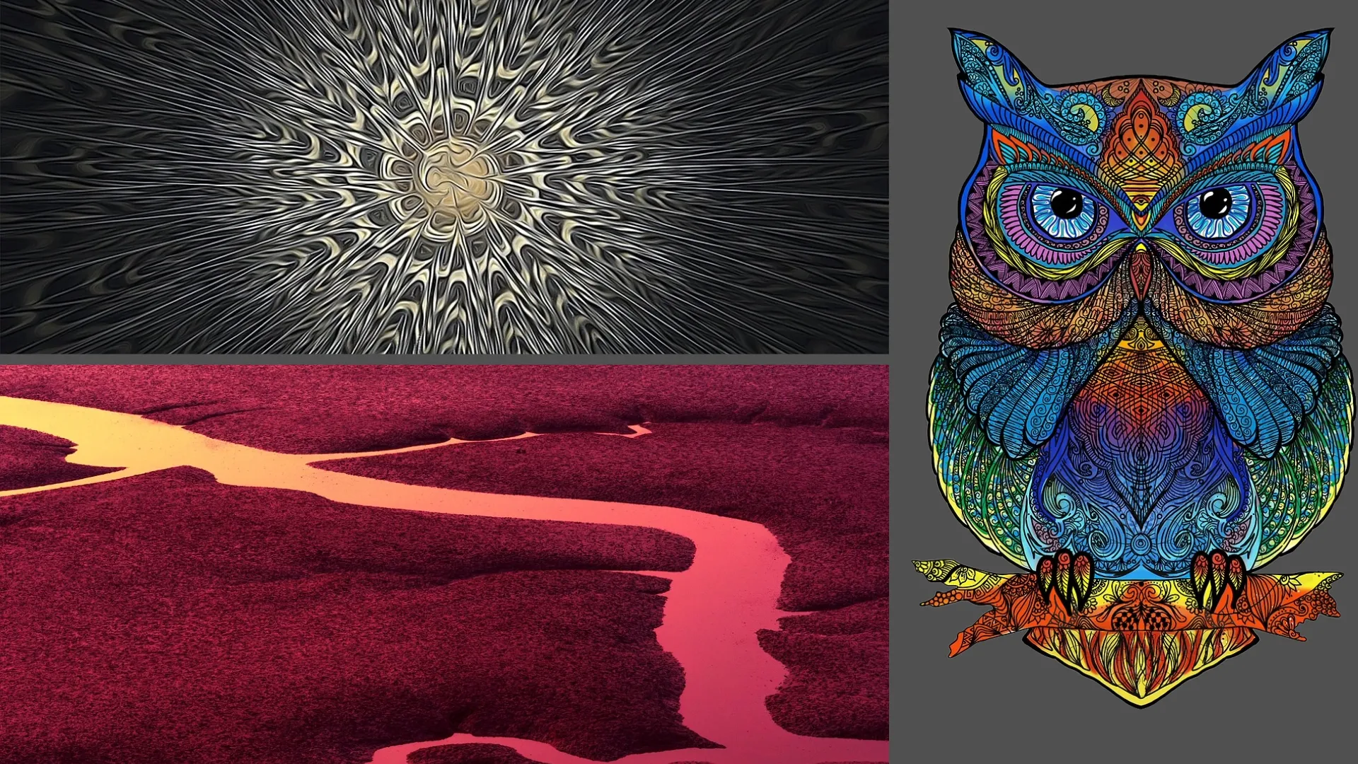 An owl drawing with mandala patterns all over it, a grey mandala pattern and a coast with red sand and red reflecting light in small water lines