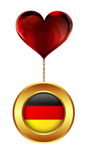 German flag in a gold circle, suspended from an air born heart shape by a fine chain.