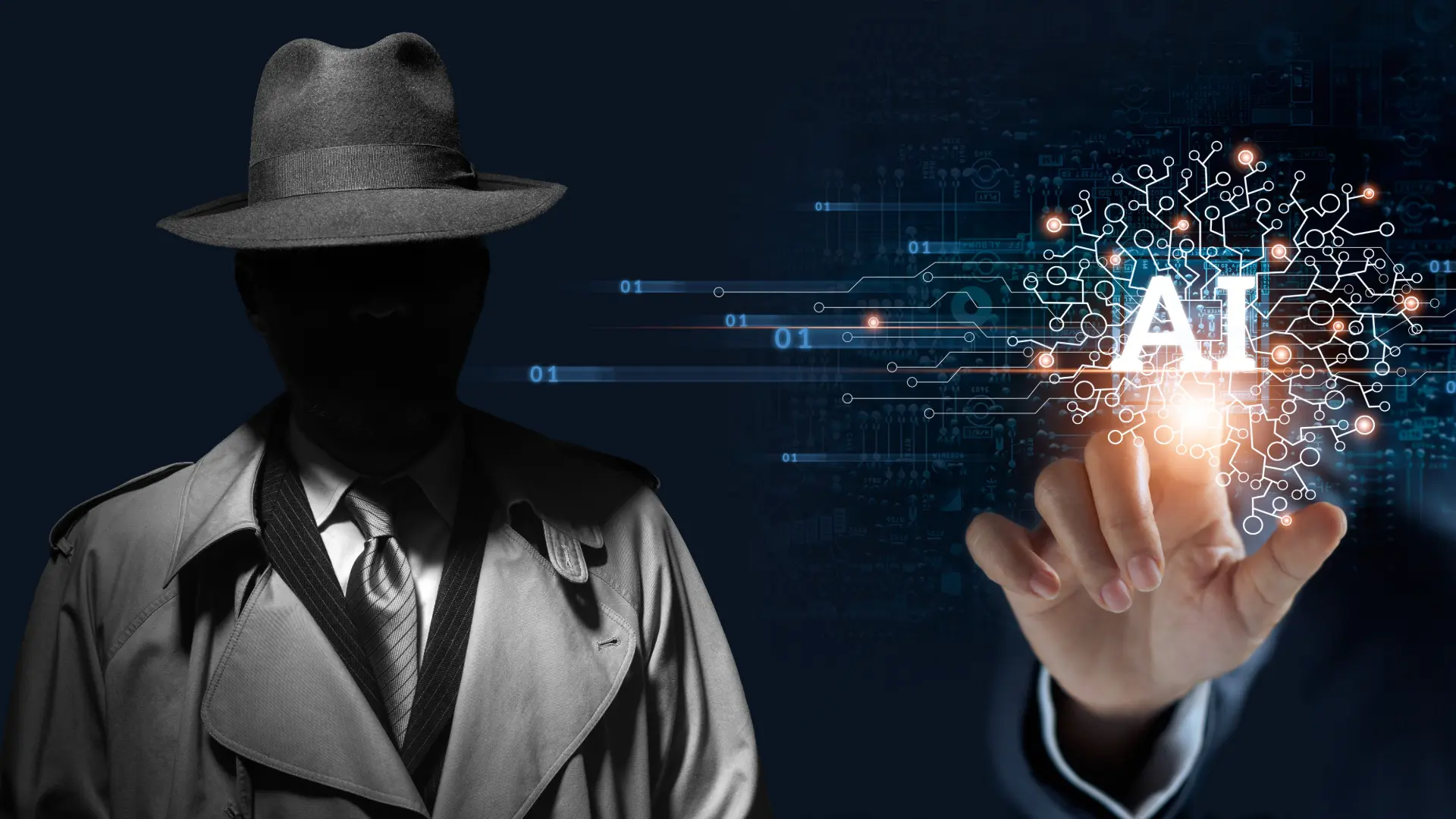 A human hand tapping an AI icon in space or a transparent wall, to the left the shadowy figure of a person with trench coat, Fedora hat and the face itself completely in shadow.
