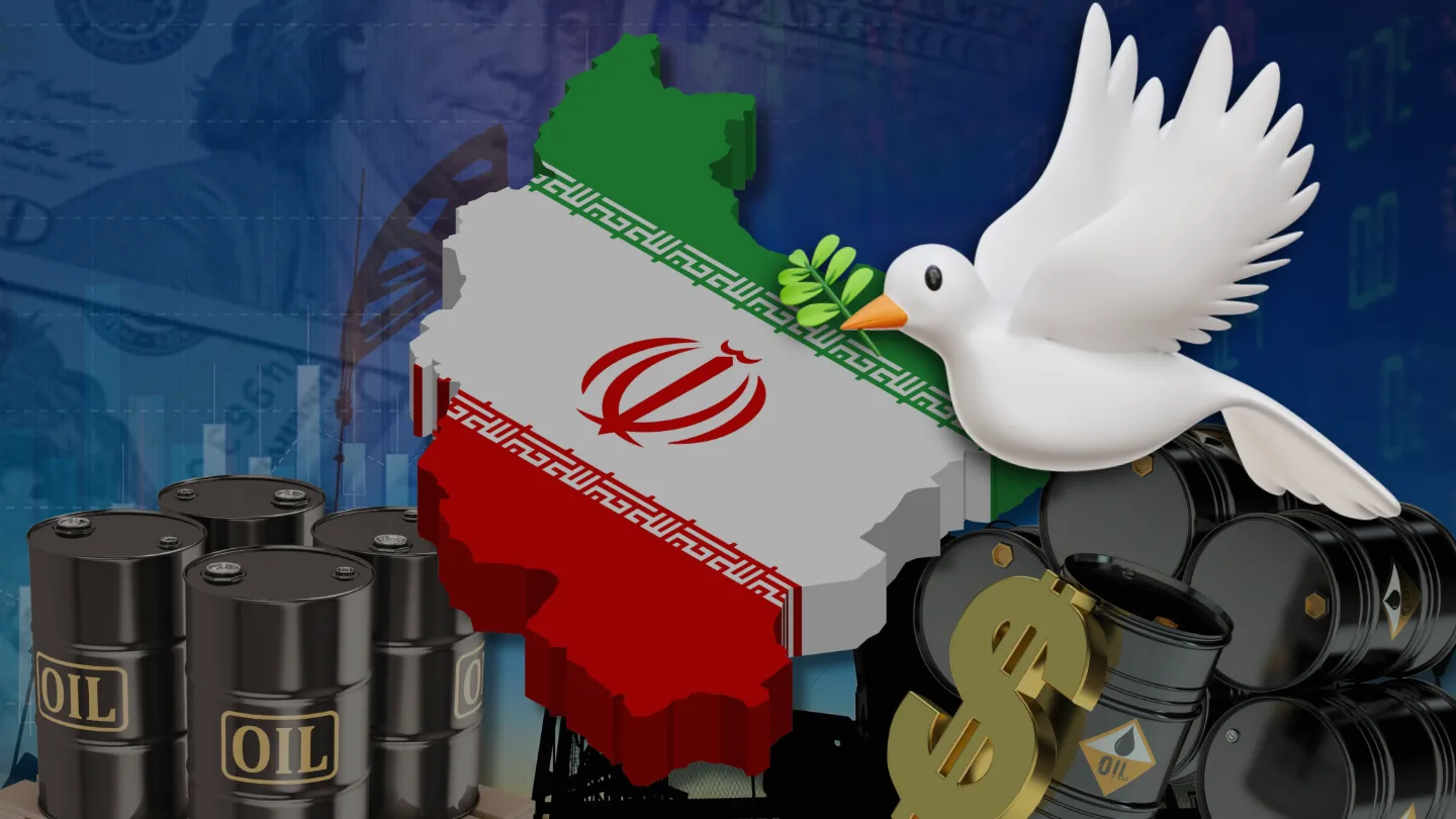 A map of Iran, showing its flag, behind it barrels of oil and a dollar sign. In frot a dove of peace flying across, bearing the olive twig as sign of peace.