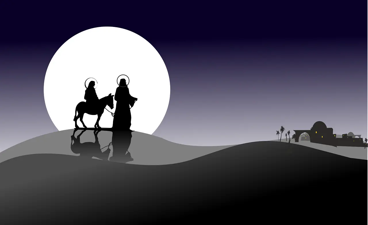 Die heilige Familie auf der Flucht nach Bethlehem.