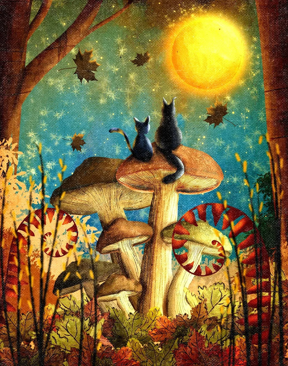 Colourful drawing of two cats sitting in the moonlight on a large mushroom, ther backs to the viewer.